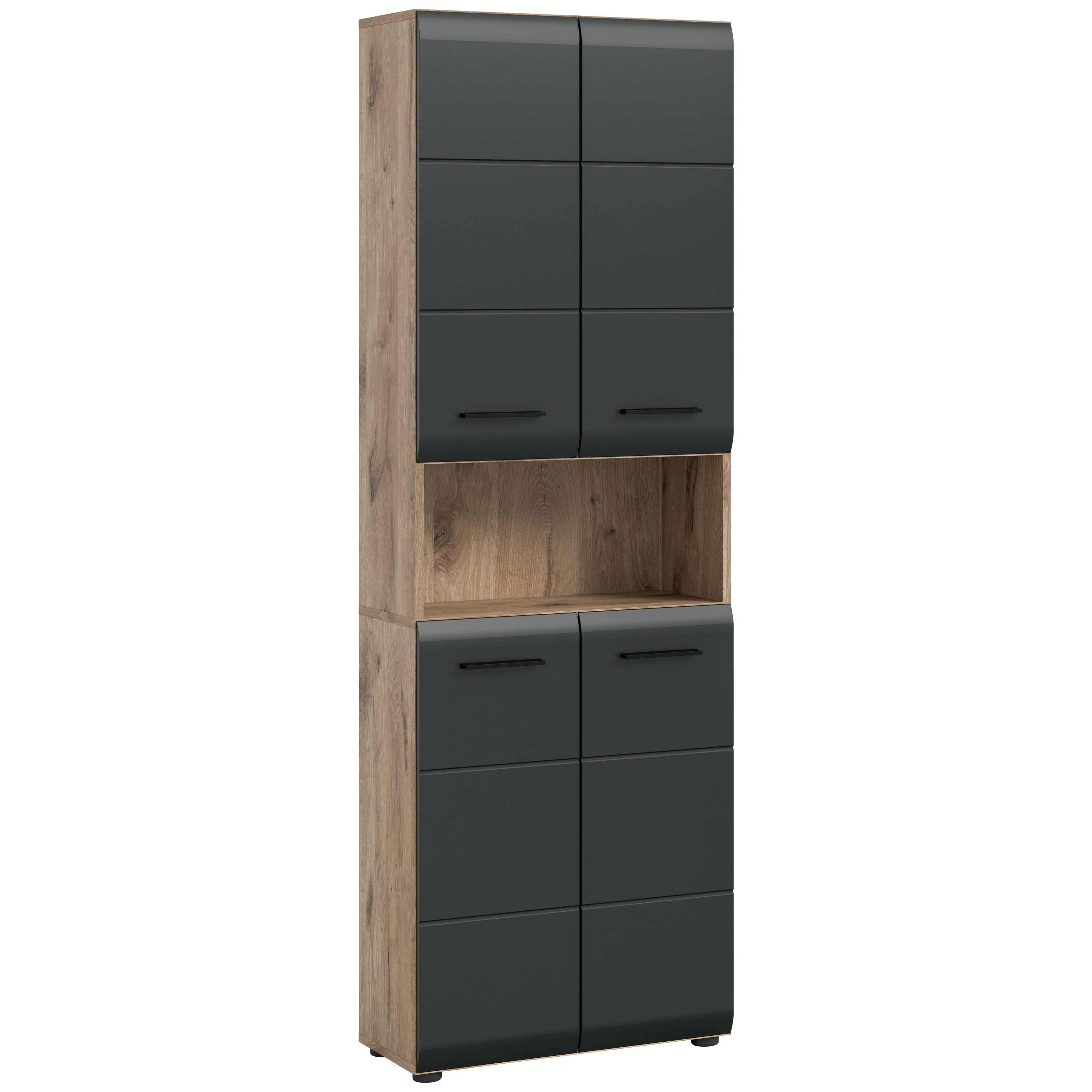furnling Stauraumschrank Ivy - moderner Badschrank mit 4 Türen, 4 Einlegeböden, viel Stauraum offenes Fach, pflegeleichte MDF Front, Hochschrank, Nox Oak & schwarz