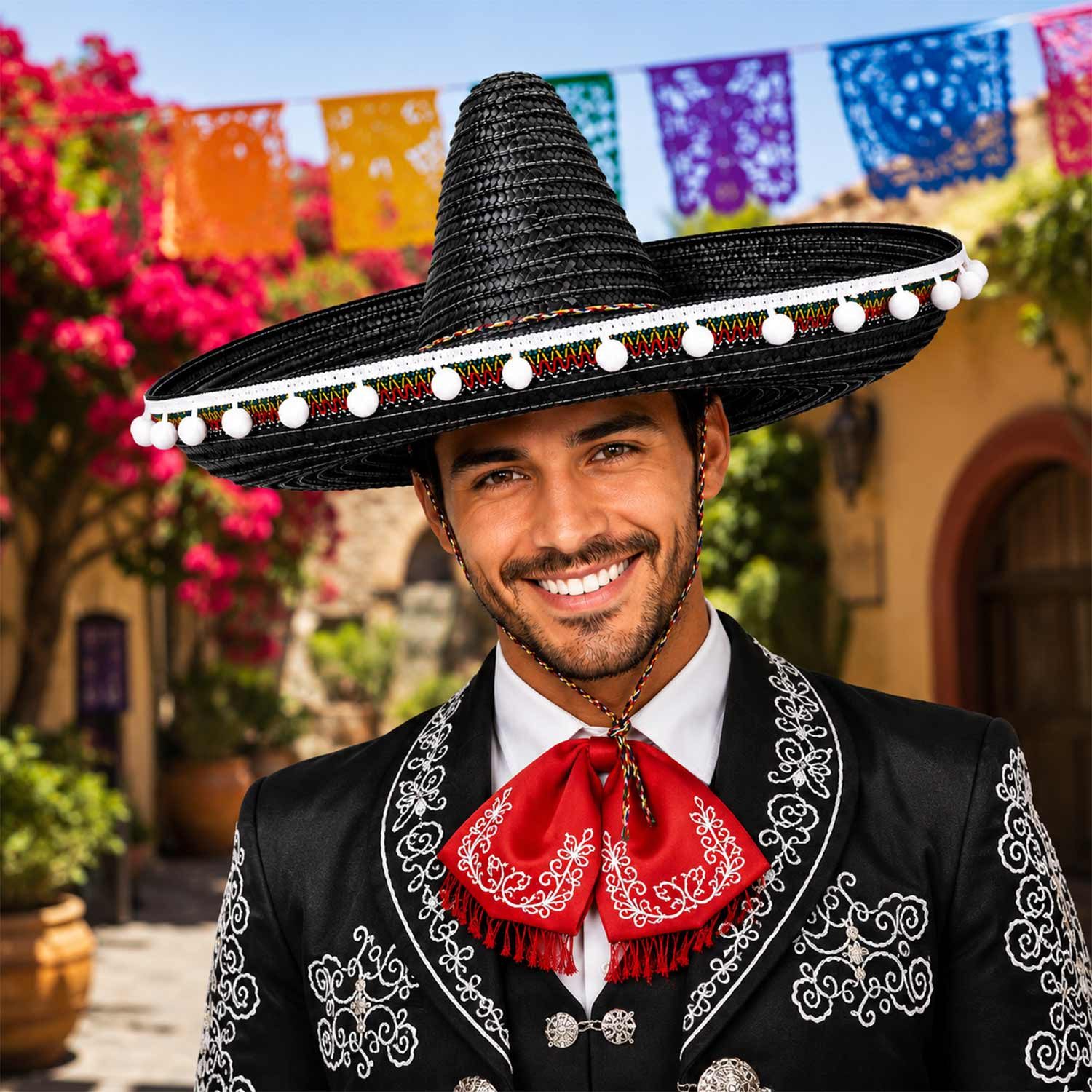 Funny Fashion Strohhut Mexiko Sombrero mit Troddeln - Ø 60 cm