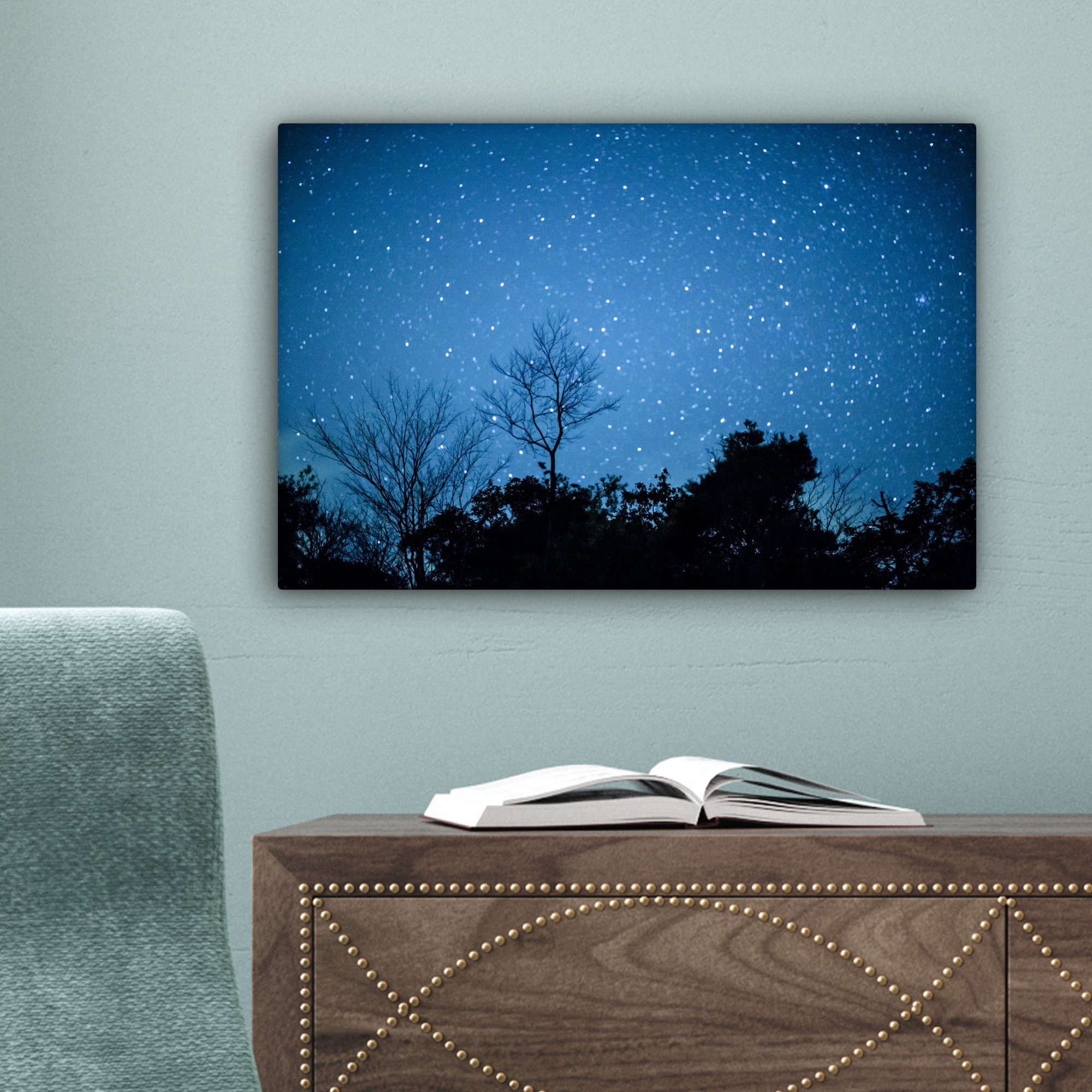 Blau, Aufhängefertig, Wandbild Wanddeko, St), Leinwandbild (1 Sternenhimmel - 30x20 cm Leinwandbilder, - OneMillionCanvasses® Wald