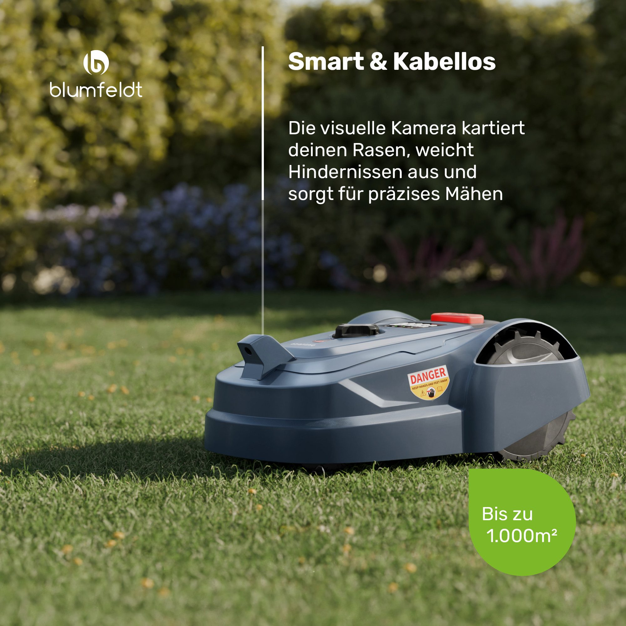 Blumfedt GrassConnect robotic lawnmower for lawn care up to 1,000m², (Set), electric lawn trimmer, lawn edger, smart app for up to 1,000m².