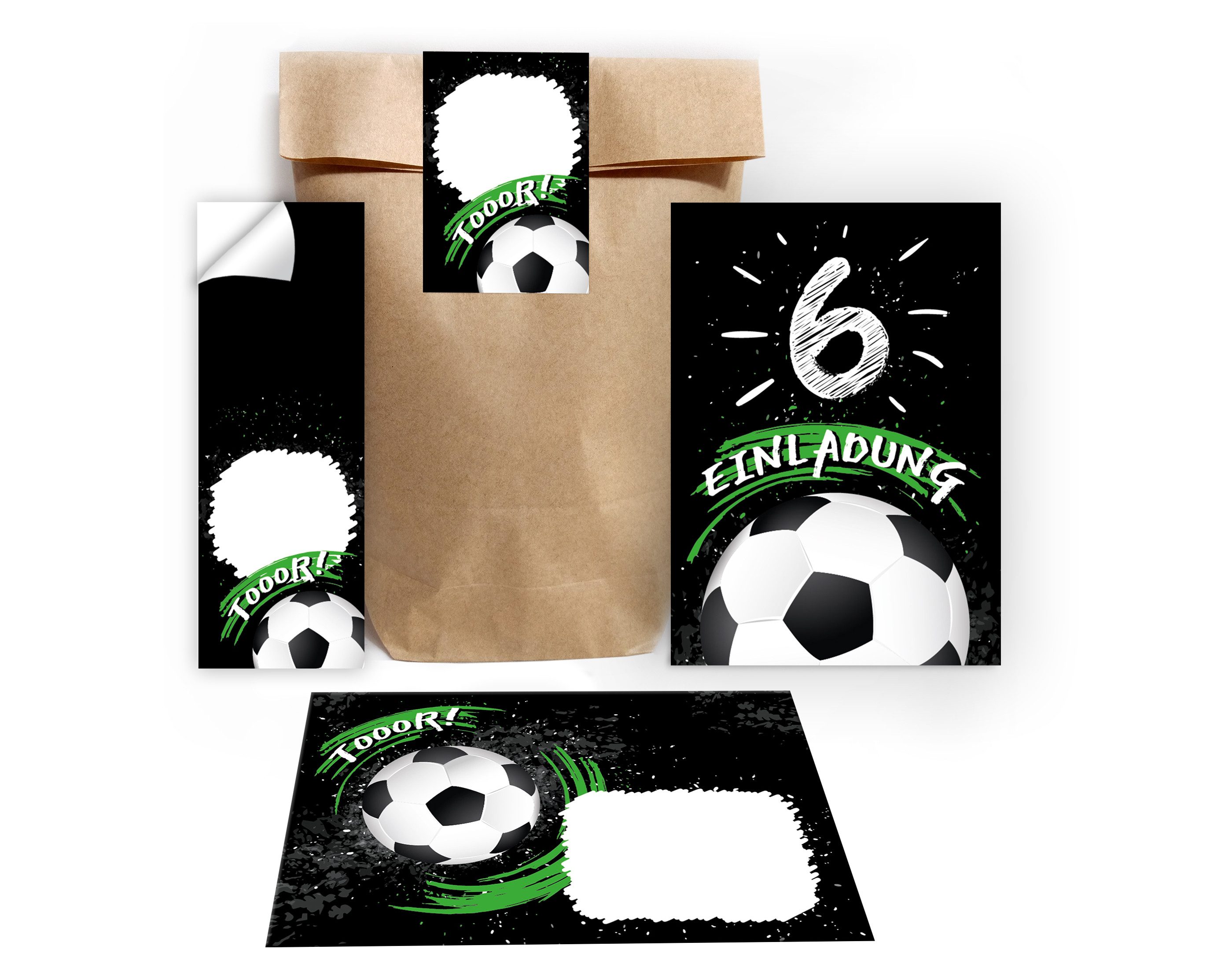 JUNAPACK Einladungskarten Fußball zum 6. Geburtstag Einladungen Karten mit Umschlägen Mitgebsel, Mitbringsel Set Fussball zum sechsten Kindergeburtstag Gastgeschenke
