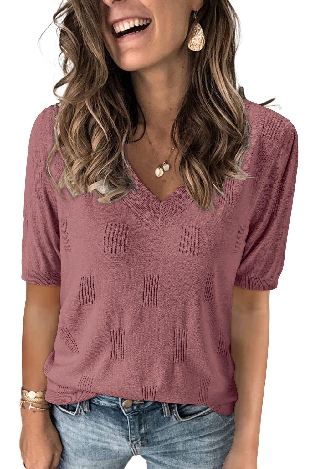 Arach&Cloz Strickpullover Damen Kurzarmpullover V-Ausschnitt-Pullover Somme günstig online kaufen