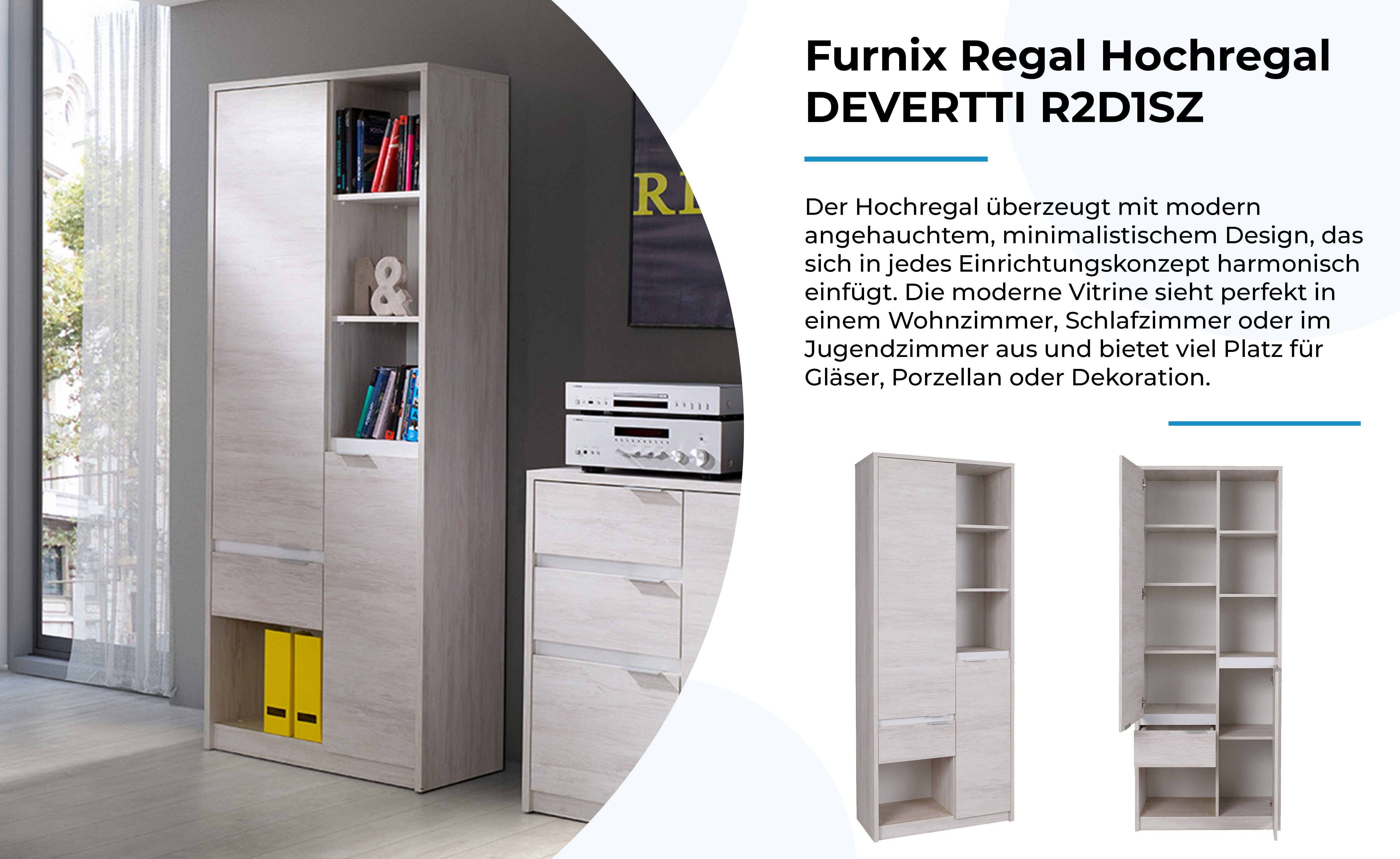 Furnix Regal Hochregal DEVERTTI asymmetrischen R2D1SZ B80 cm x Weißeiche/ T40 Glanz Türen, mit H200 x Weiß