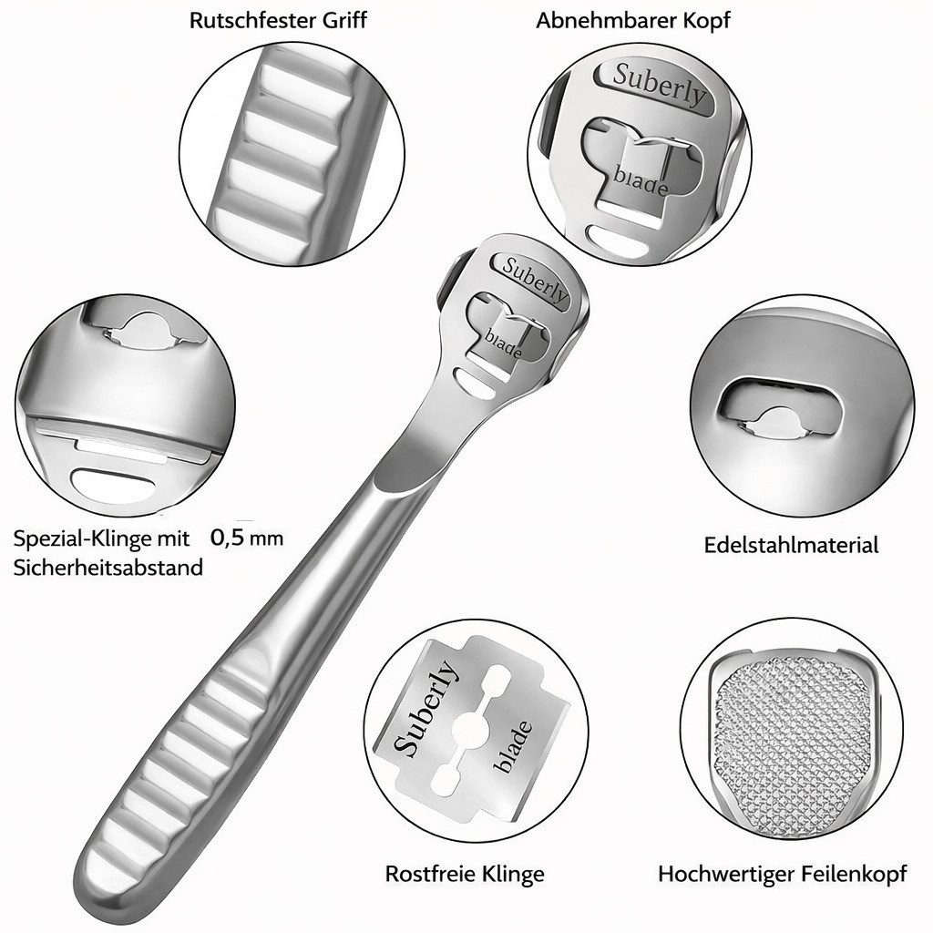 COOL-i ® Hornhautfeile Edelstahl Hornhautfeile Set – Fußschaber & Fußfeile mit 10 Klingen, professionelles Pediküre-Tool für Hornhautentfernung & Fußpflege