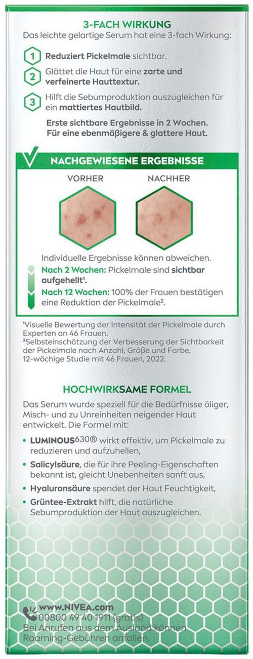Nivea Gesichtsserum LUMINOUS630 ANTI-PIGMENTFLECKEN PICKELMALE SERUM, Für die Bedürfnisse von Mischaut und zu Unreiheiten neigender Haut.