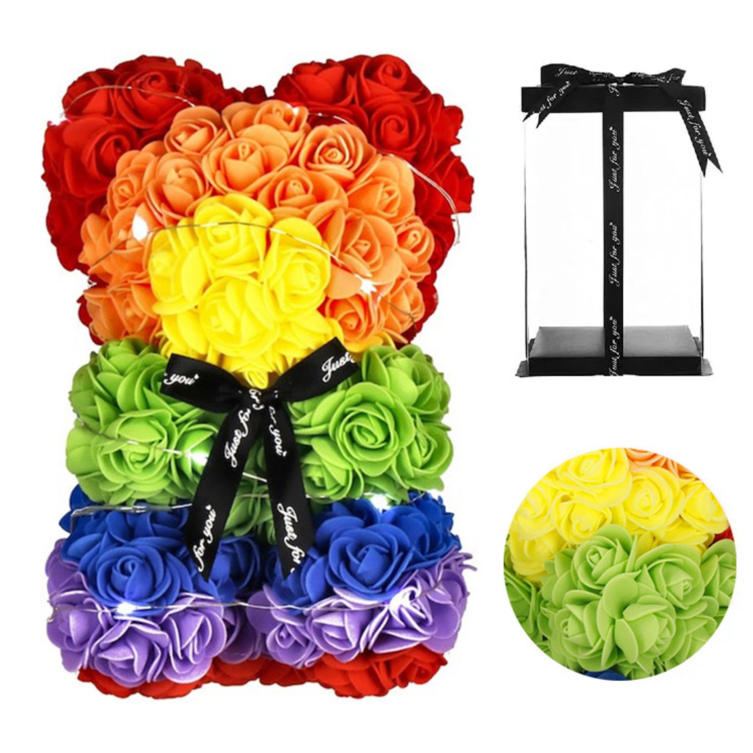 AMORE MIO LED Dekoobjekt Rosenbär 25 cm LED Regenbogen Geschenkbox Valentinstag Teddy, LED fest integriert, LED Regenbogen Rosenoptik dekorativ Geschenkfertig Teddy Figur