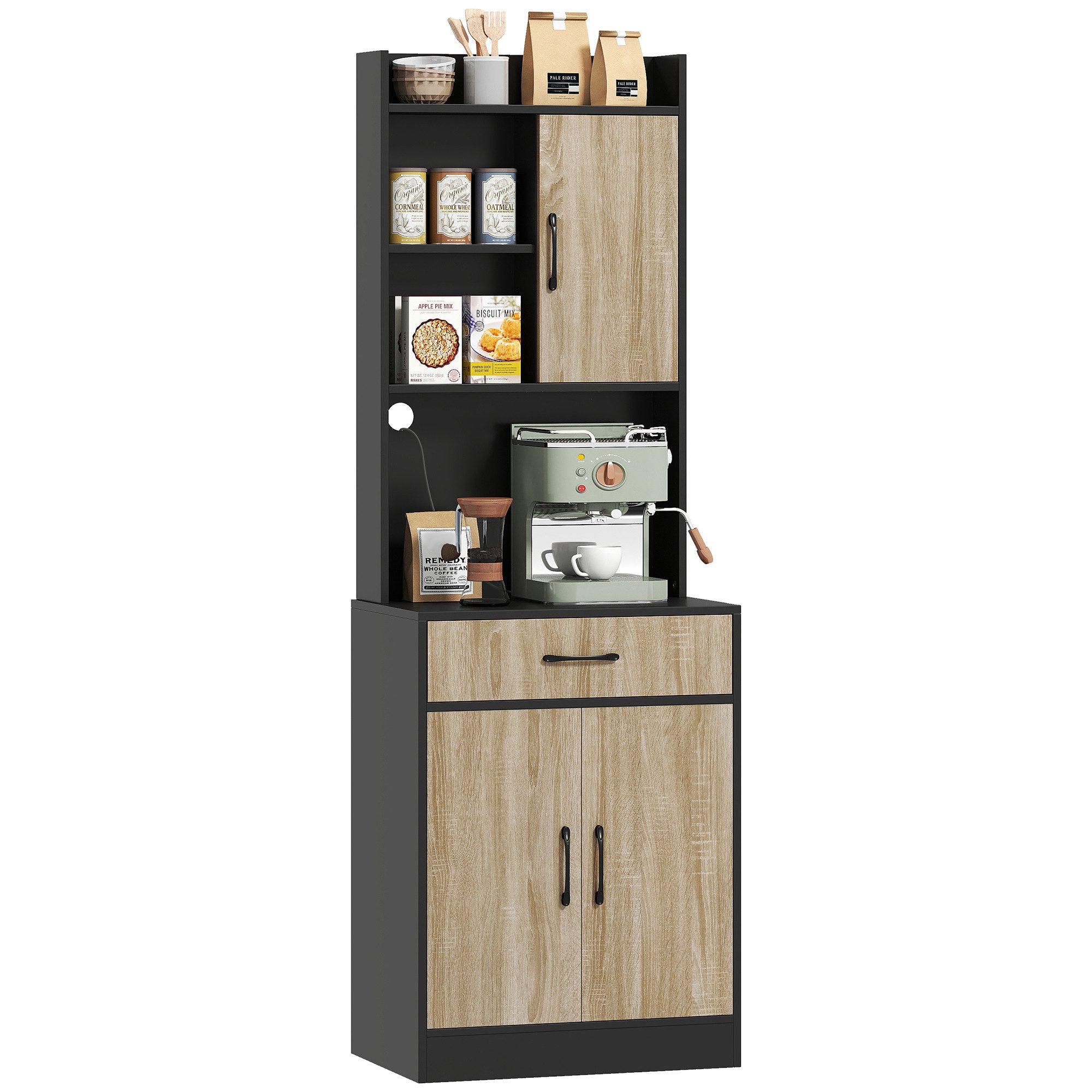 HOMCOM Mehrzweckschrank für Küche, Esszimmer (Hochschrank, 1-St., Buffetschrank) mit Kabelmanagementloch, Naturholz+Schwarz