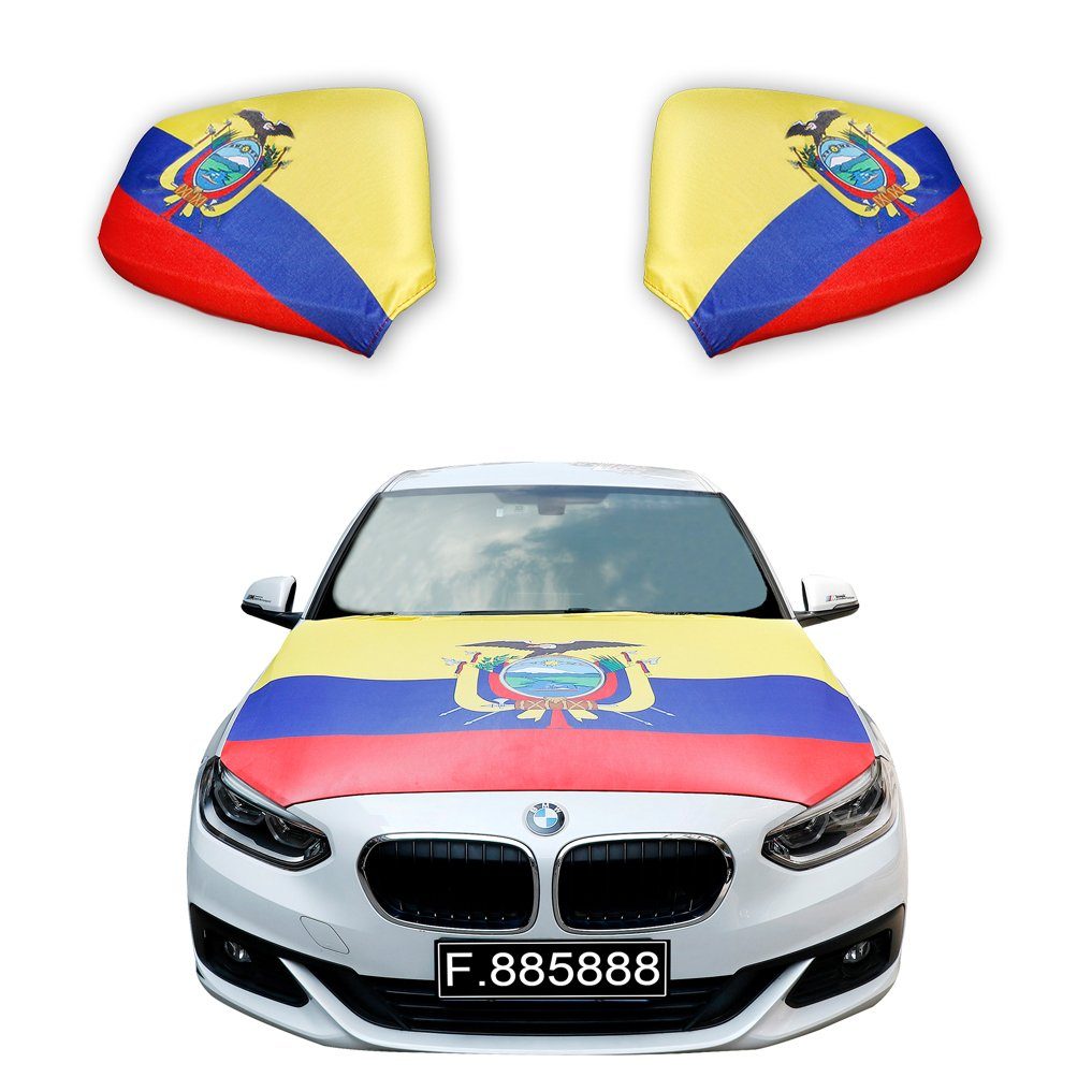 Sonia Originelli Fahne Fanset "Ecuador" Modelle, PKW Fußball 115 x für alle Motorhauben Flagge: Außenspiegel gängigen ca. 150cm Flagge, Motorhaube