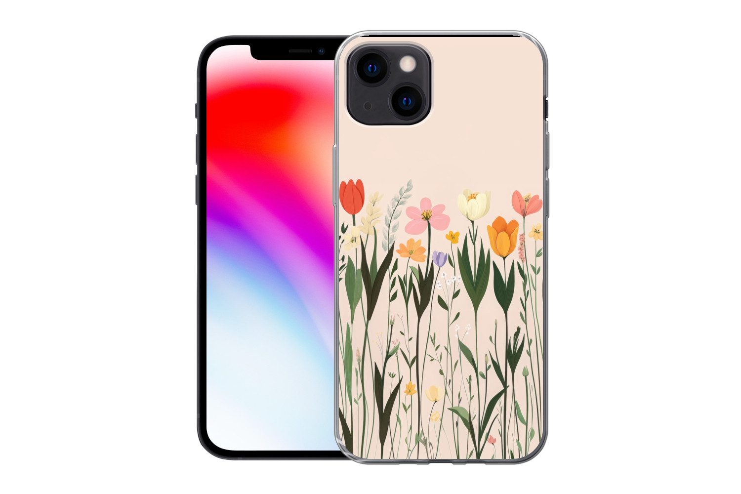 MuchoWow Handyhülle für Apple iPhone 13 Pastelltöne - Blumen - Illustration, Smartphone-Bumper, Print, Handy Schutzhülle Dünn