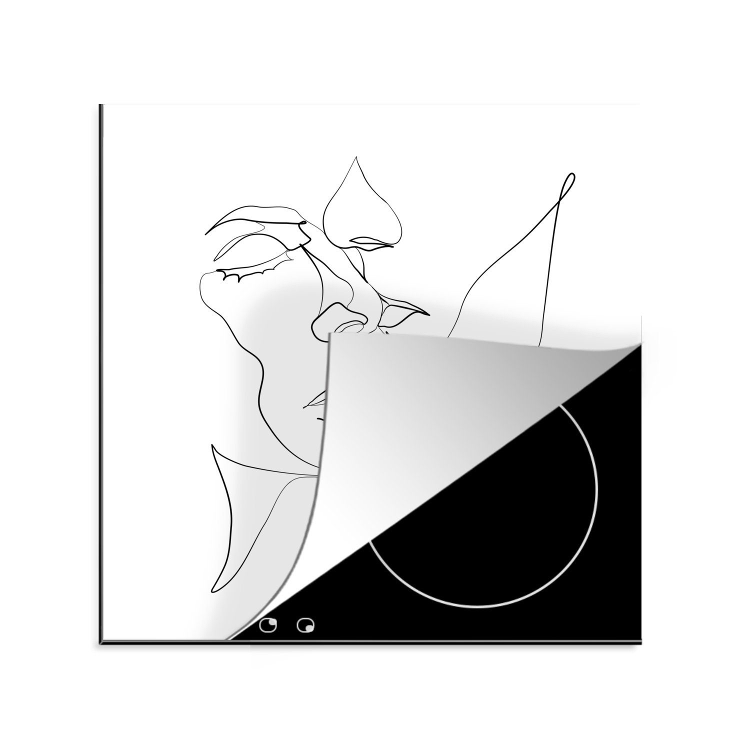 MuchoWow Herdblende-/Abdeckplatte Abstrakte Strichzeichnung eines Mannes, der die Nase einer Frau küsst, Vinyl, (1 tlg), 78x78 cm, Ceranfeldabdeckung, Arbeitsplatte für küche