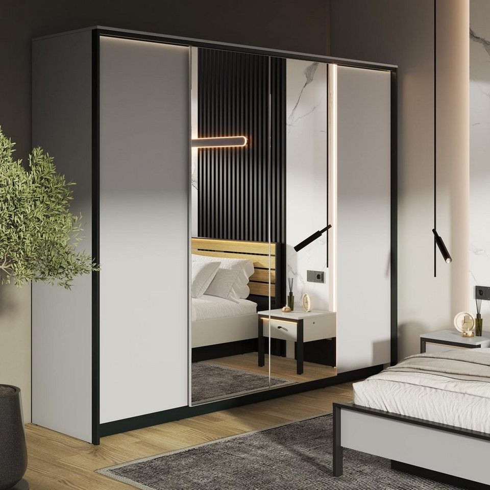 Compleo Kleiderschrank MIYA viertürig, mit zwei Spiegel, Modern  Schlafzimmer Breite 250 cm, Geräumige Regale, Grau/schwarz