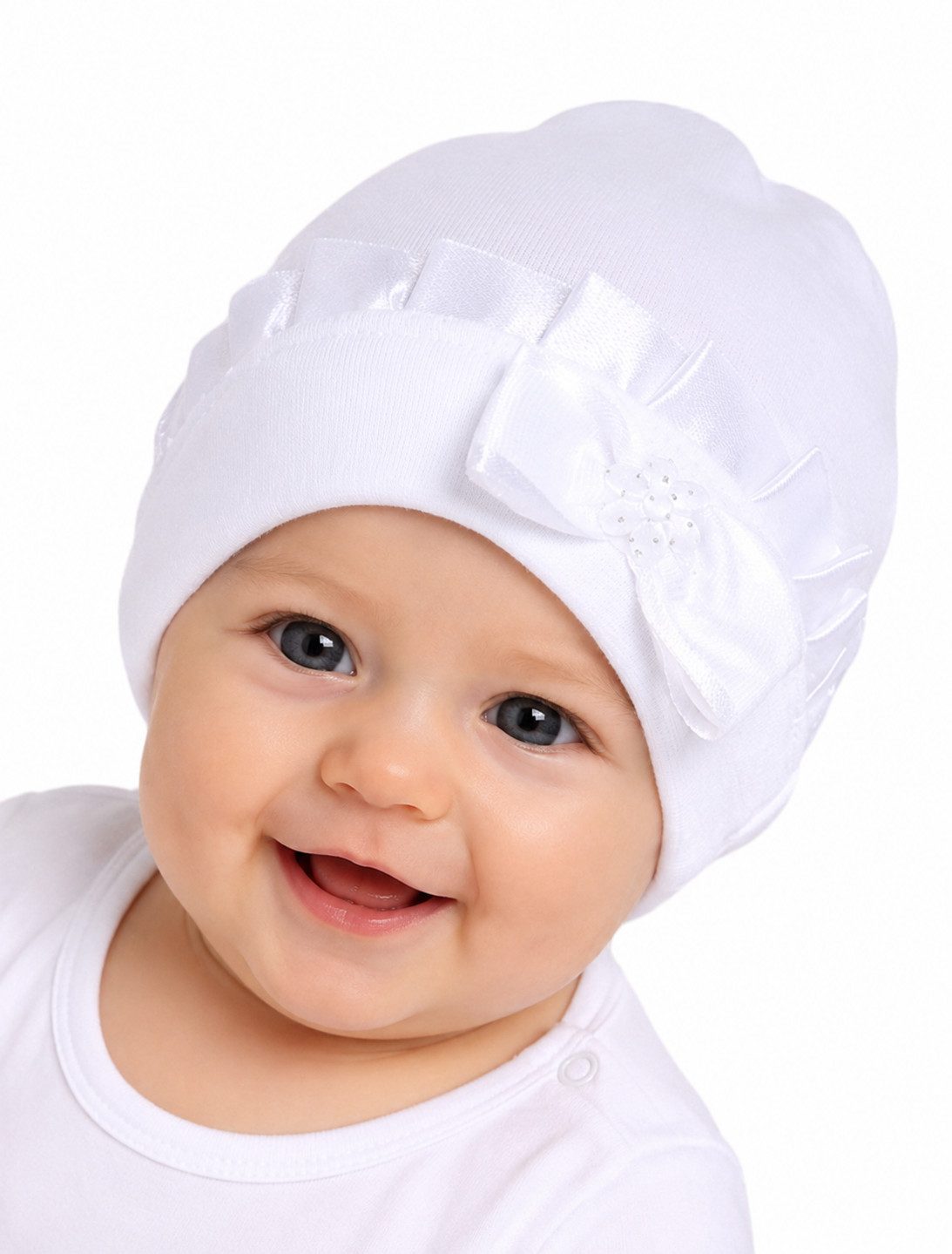 La Bortini Erstlingsmütze Babymütze mit Rüschen und Schleifchen Baby Mütze in Weiß elastisch, 32 34 36 38 40 42 44 46 48 50