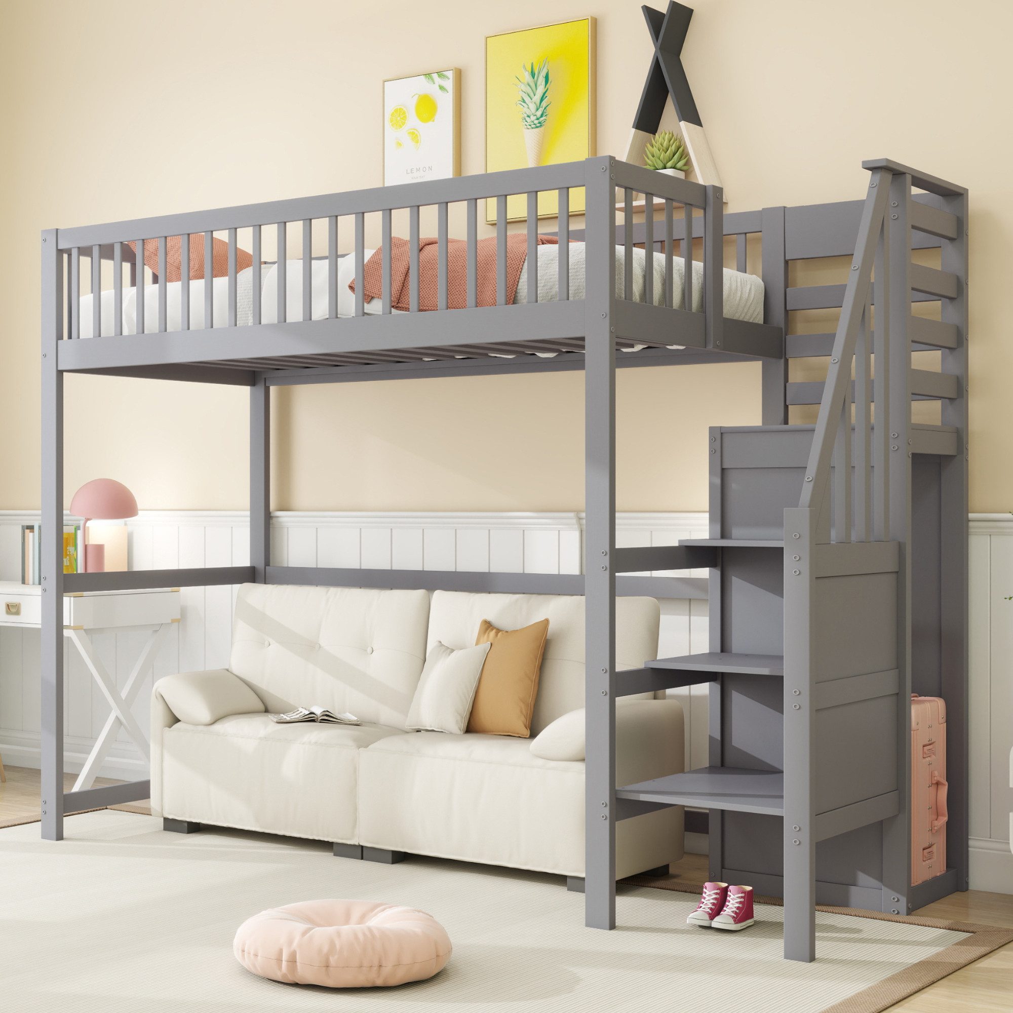 REDOM Kinderbett Hochbett Stauraumbett Einzelbett Holzbett (aus Holz mit Tr günstig online kaufen