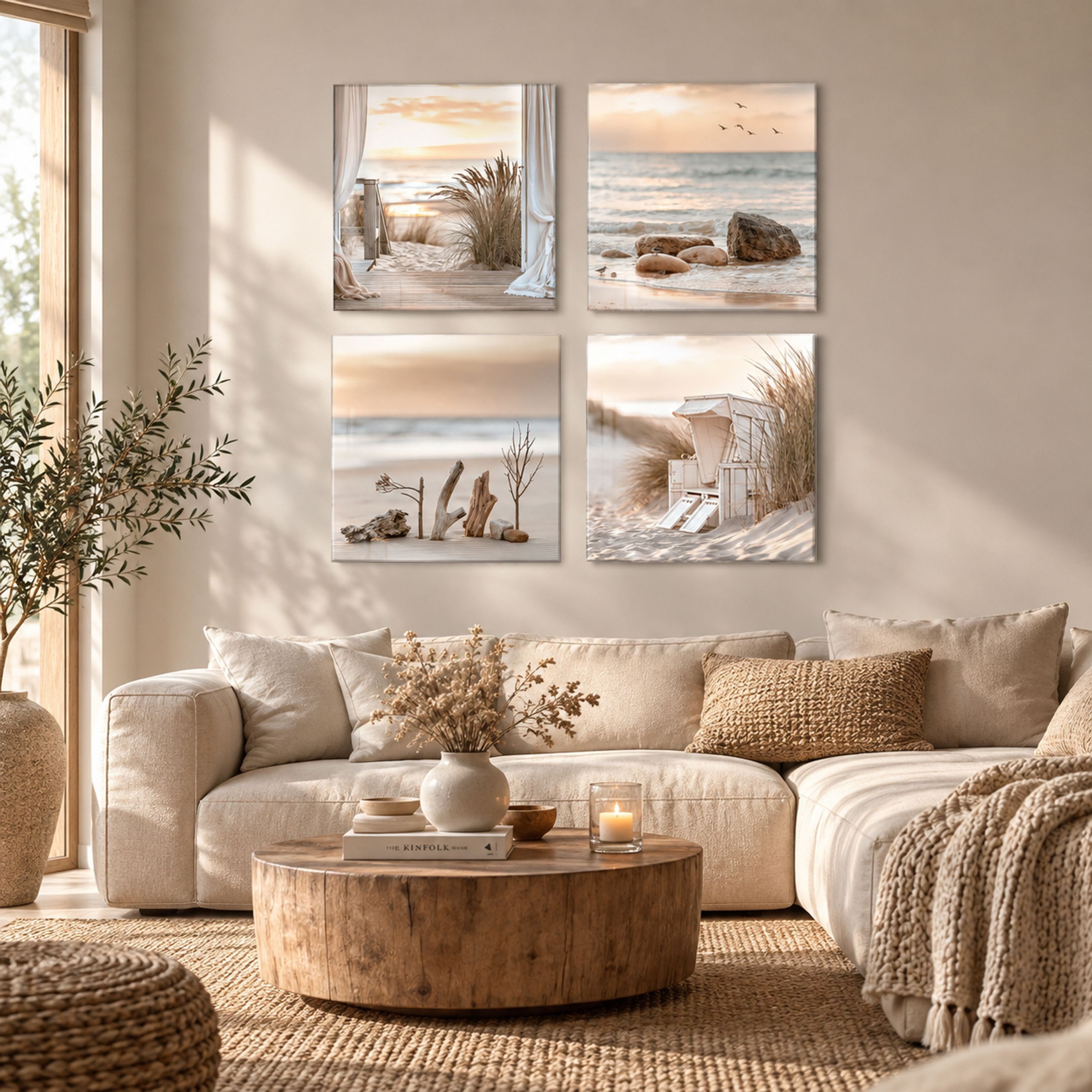 artissimo Glasbild Bild aus Glas 50x50 cm / Wandbild Quadratisch / Wanddeko modern, Strand und Meer: Treibholz am Strand in beige-weiß – Bild 4 von 5