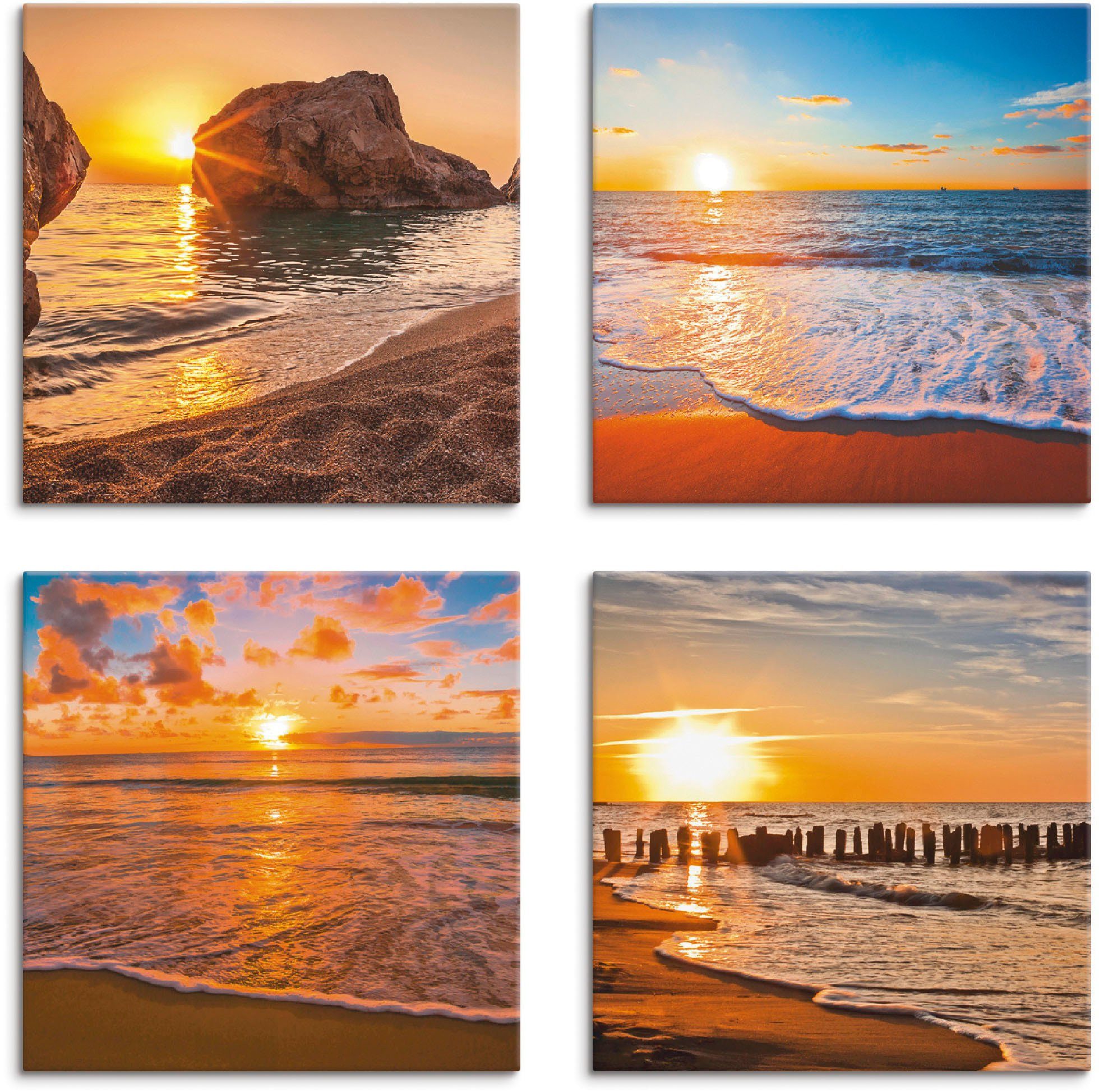 Artland Leinwandbild Meer, 4er verschiedene Sonnenuntergänge St), Set, -untergang Größen Strand Sonnenaufgang am & & (4