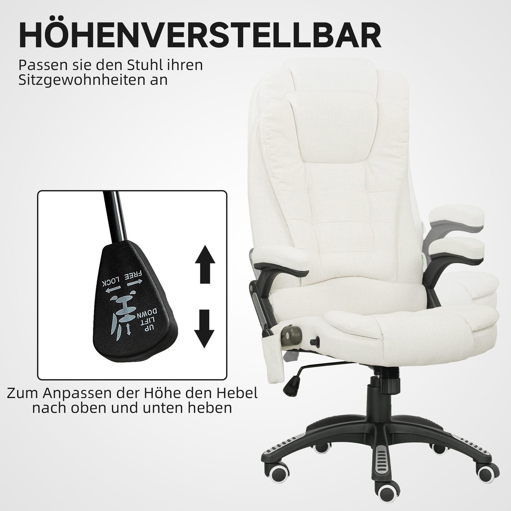 Vinsetto Schreibtischstuhl Ergonomischer Chefsessel mit Heiz-/Liegefunktion u. Computerstuhl (Massagesessel, 1 St), für Wohnbereich, Weiß – Bild 5 von 5
