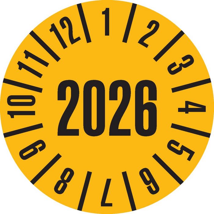 König Werbeanlagen Hinweisschild Prüfplakette 2026 gelb Folie ablösbar Ø 20mm 500/Rolle