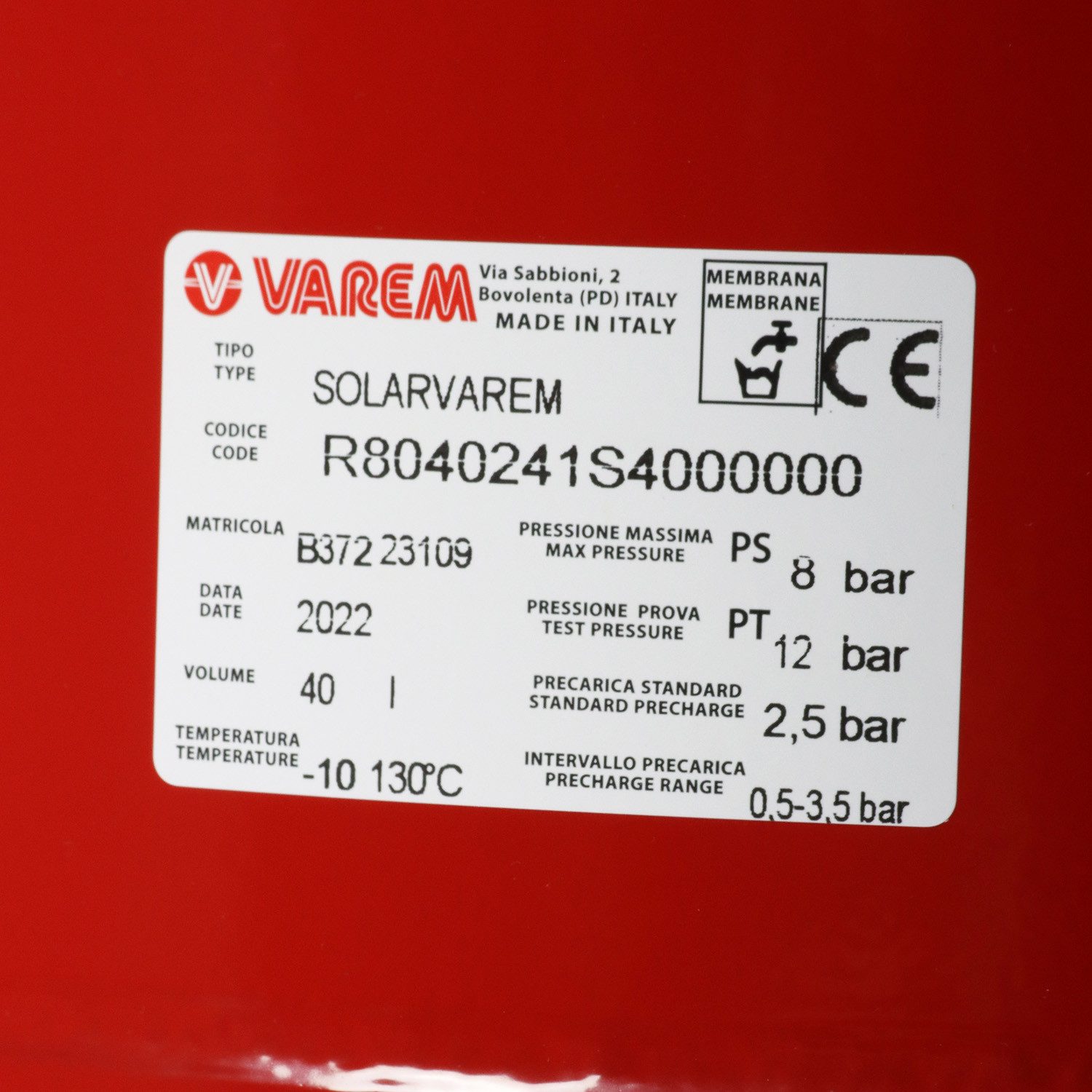 Varem Heizkörper Ausdehnungsgefäß Solar Heizungsanlagen hängend 3/4 320x580 8bar 40L