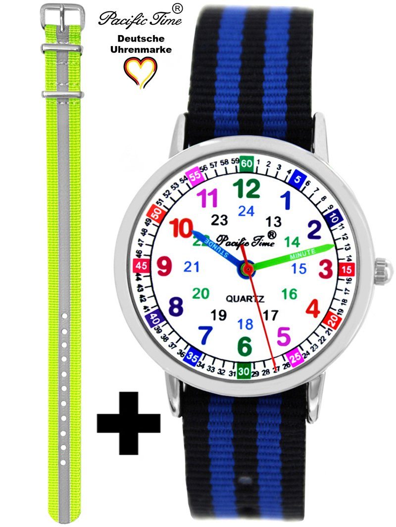 Pacific Time Quarzuhr Set Kinder und Gratis schwarz Reflektor Armbanduhr Wechselarmband, Versand - Lernuhr Mix Match blau Design gelb gestreift