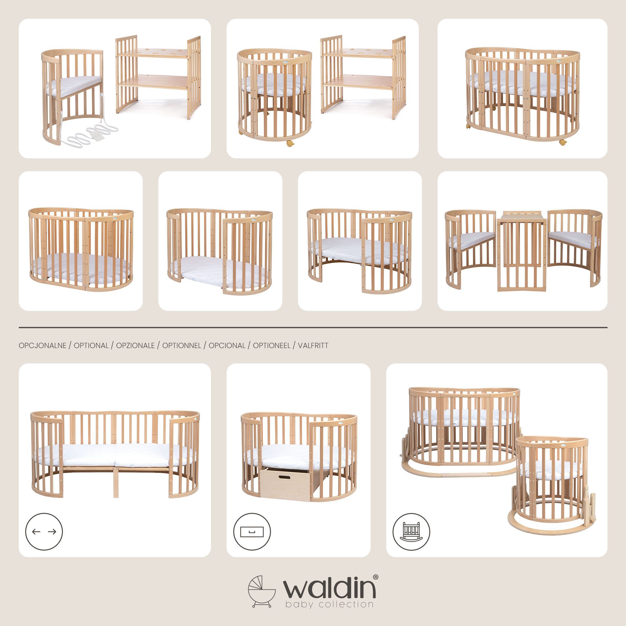 Waldin Babybett Mobiles Babybett OWAL aus Holz 7in1 mit Matratze, mitwachsend
