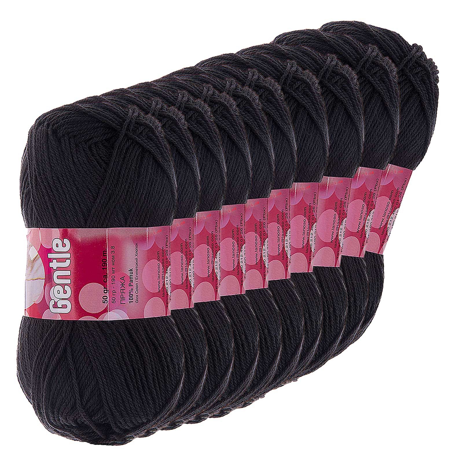 Kartopu 10 x 50g Lanoso Gentle Sommergarn Stricken Häkeln 100% Baumwolle Häkelwolle, 190 m, 960 schwarz