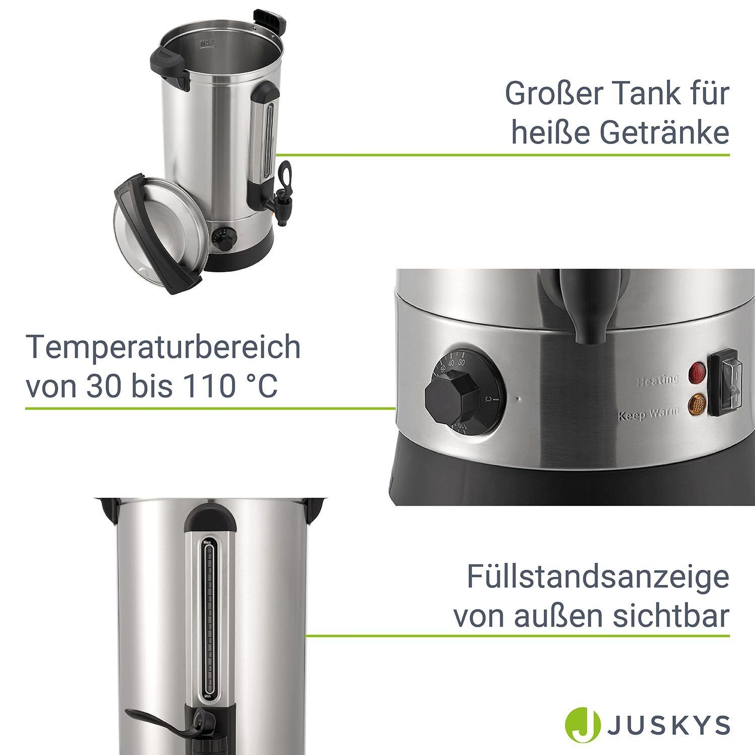 Juskys Heißgetränke- und Glühweinautomat Teramo, 1500 W, 10 Liter, Zapfhahn, Thermostat, Überhitzungsschutz, Füllstandsanzeige