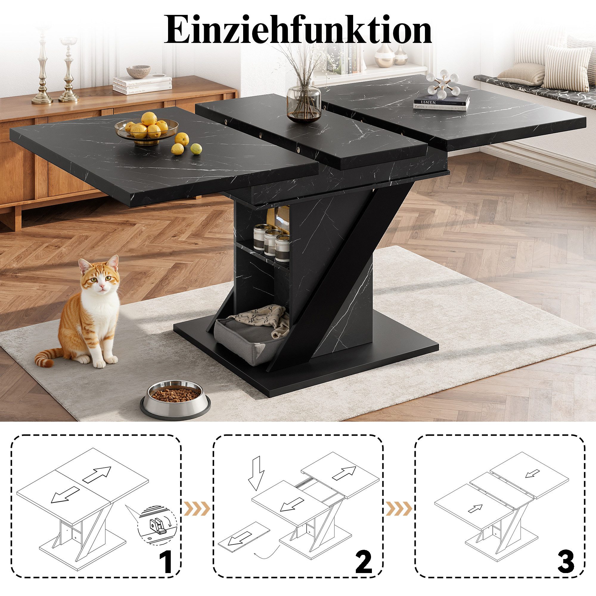 i@home Esstisch ausziehbarer Esstisch, Küchentisch (1 Tisch), Teleskoptisch(110-140×80cm),Esstisch in schwarzer Marmoroptik – Bild 4 von 5