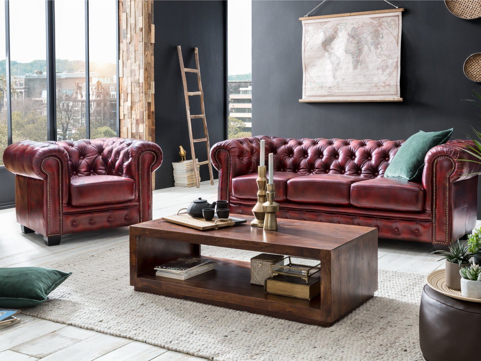 massivum Sofa Chesterfield 6-Sitzer Echtleder rot