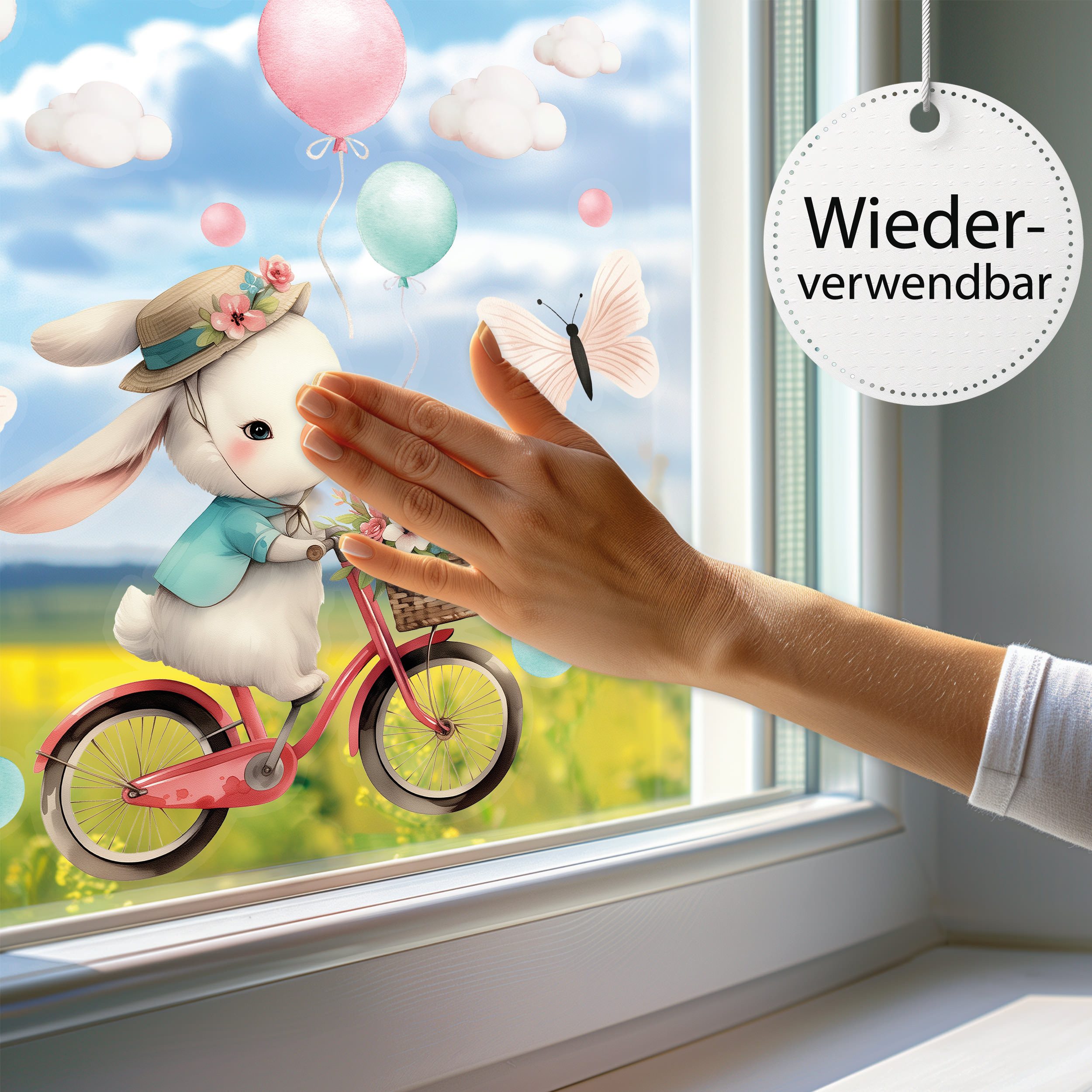 Sunnywall Fensterdekoration wiederverwendbares Fensterbild Hase auf Fahrrad Ballon Schmetterling, wiederverwendbar, statisch haftend, beidseitiger Druck