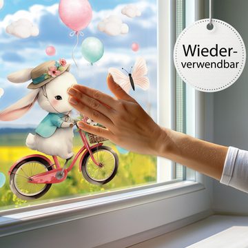 Sunnywall Fensterdekoration wiederverwendbares Fensterbild Hase auf Fahrrad Ballon Schmetterling