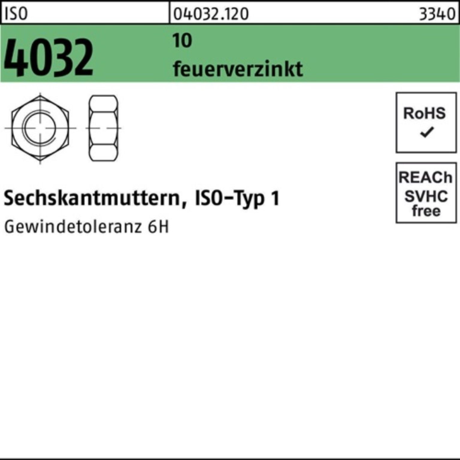 Bufab 100 Stück ISO Muttern 4 Sechskantmutter 4032 10 Pack feuerverz. M12 ISO 100er