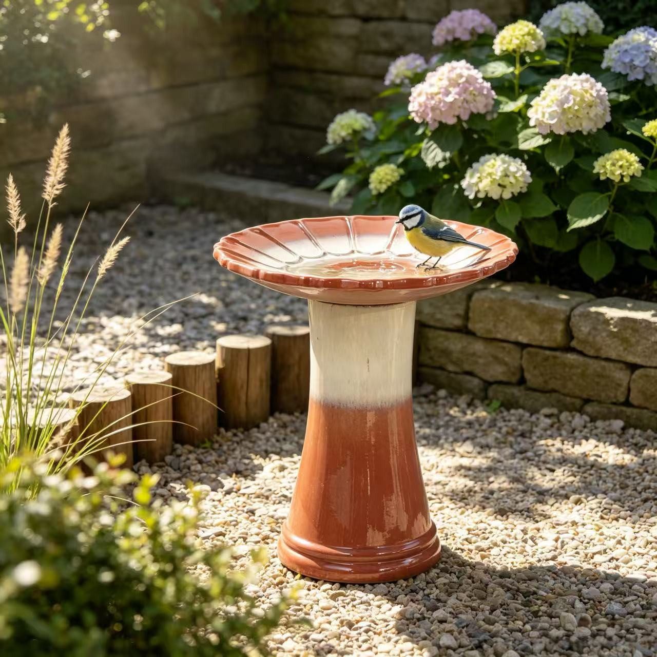Rolipo Vogeltränke Vogelbad Keramik & Standfuß Vogeltränke für den Garten/Terrasse/Balkon, Glasierte Schale mit Blütenrillen und stabilem Standfuß, 45 cm hoch