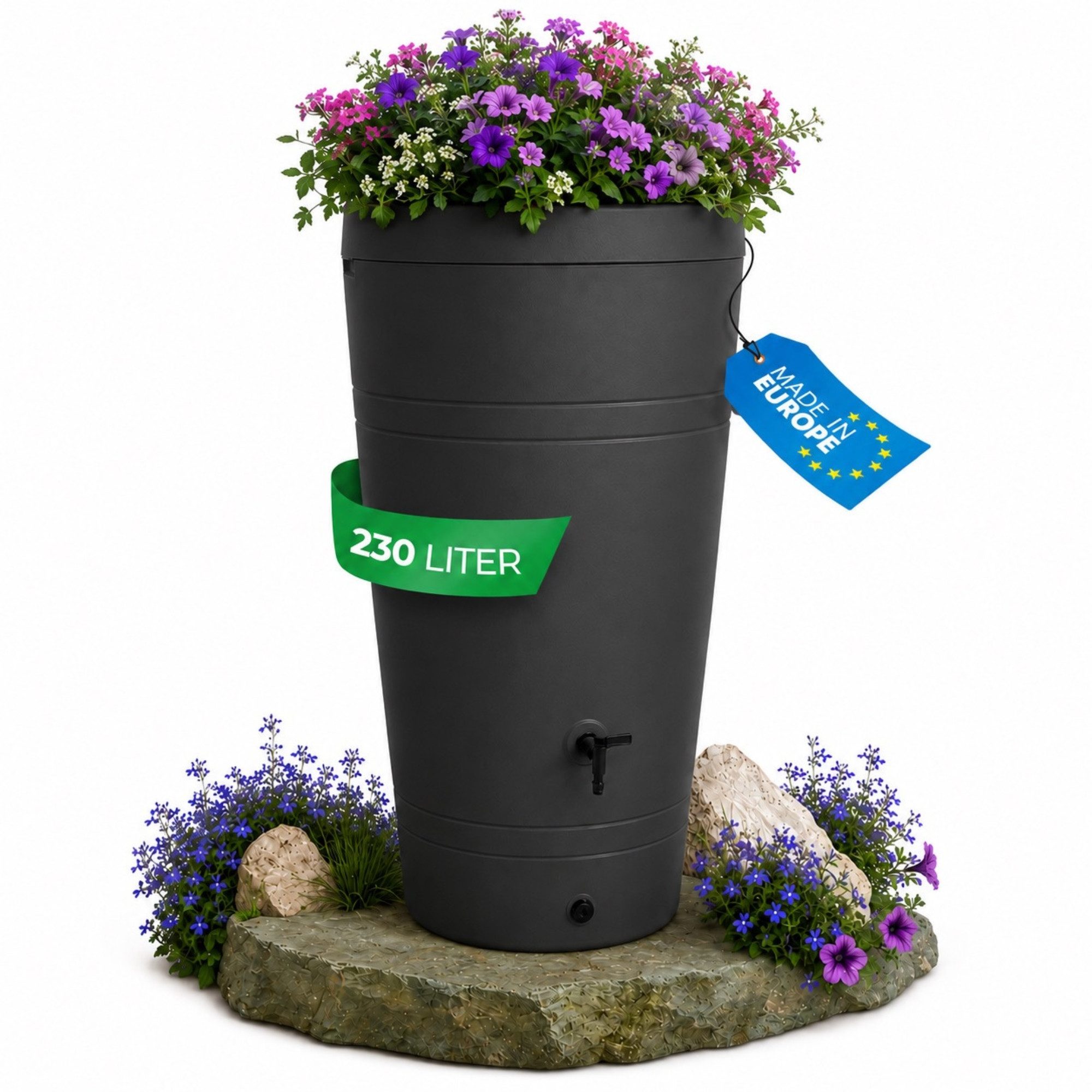 YourCasa Regentonne 230 Liter [Decore ] mit Pflanzeinsatz - Regenfass aus Kunststoff, bepflanzbarer Deckel, mit Wasserhahn,240L
