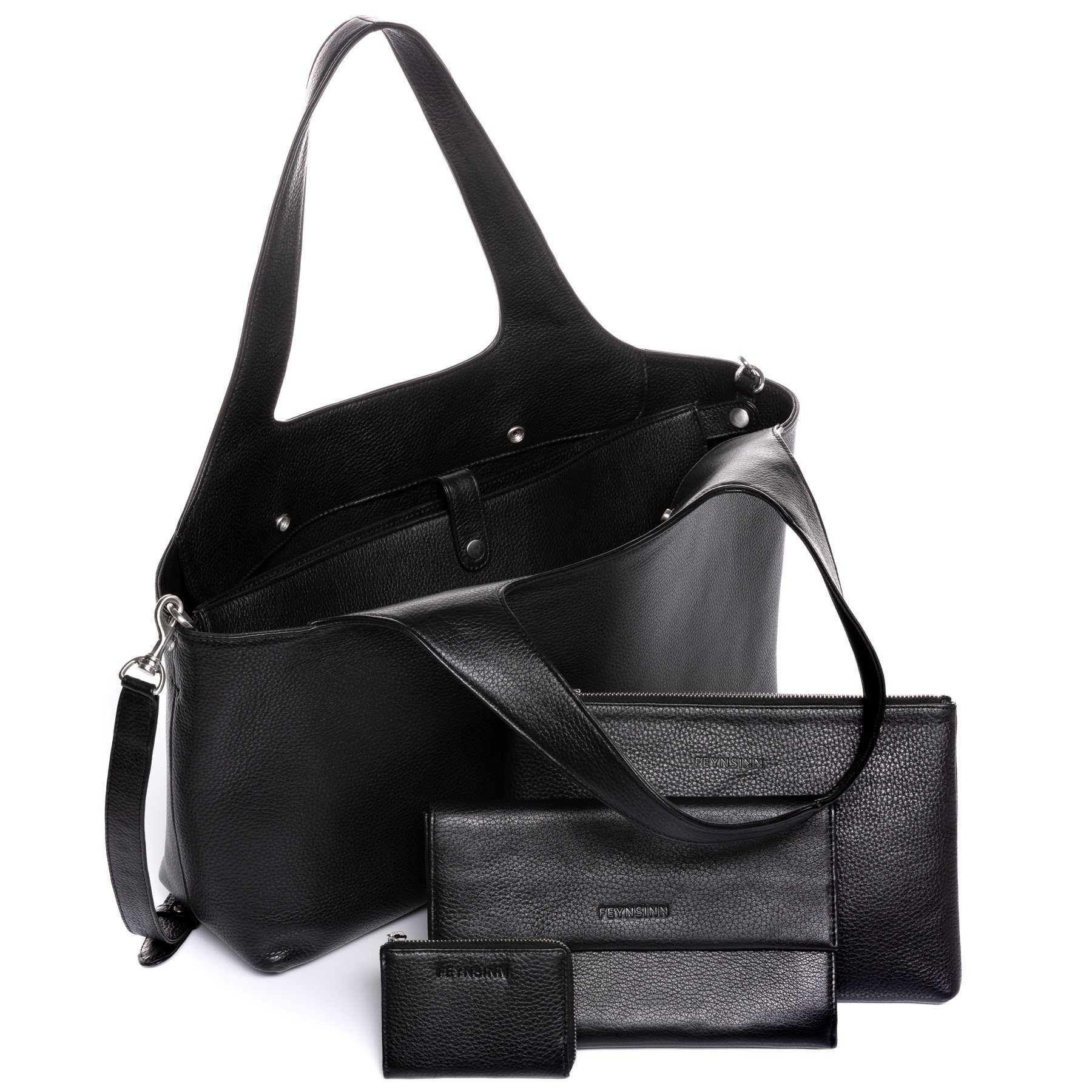 FEYNSINN Umhängetasche echt Leder Damen Businesstasche 16 Zoll schwarz, Add On Tote Komplettset 16'' echt Leder Damen, Schultertasche schwarz