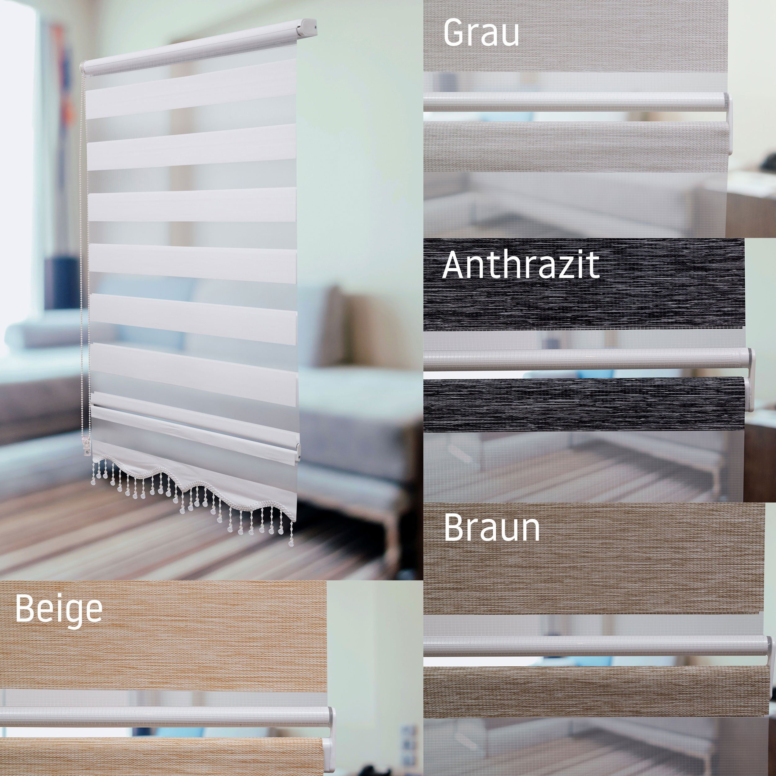 Aluminium Weiß, Perlen, Perlen Doppelrollo mit Montage Plisseeonline, Anthrazit Klemmfix Farben, Doppelrollo in blickdicht, Beige, Grau, Klemmträger Mit dem Schiene, Fensterrahmen, Braun, auf Volant Freihängend, Klemmfix, versch.