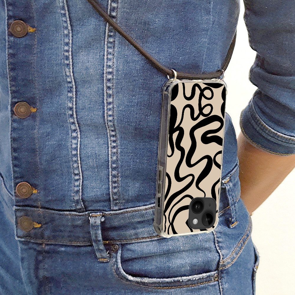 MuchoWow Handyhülle für Apple iPhone 14 Linien - Schwarz - Beige - Abstrakt - Minimalistis, Tragbare Handyhüllen mit Kette zum umhängen, Handykette Handyband