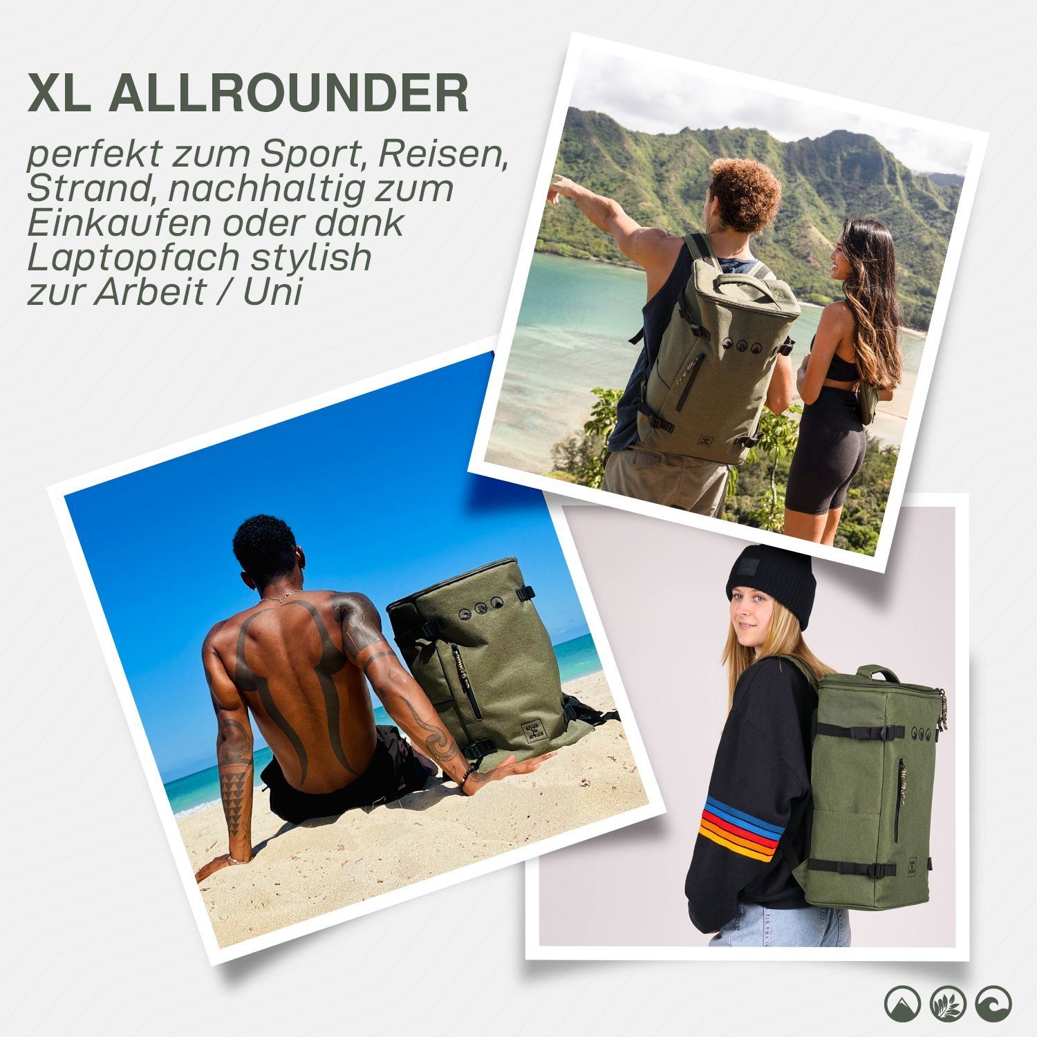 SONS OF ALOHA Rucksack Plastik, recyceltem aus KOLOA, Laptopfach Top-Loader Tagesrucksack Sport-Tasche XL XL