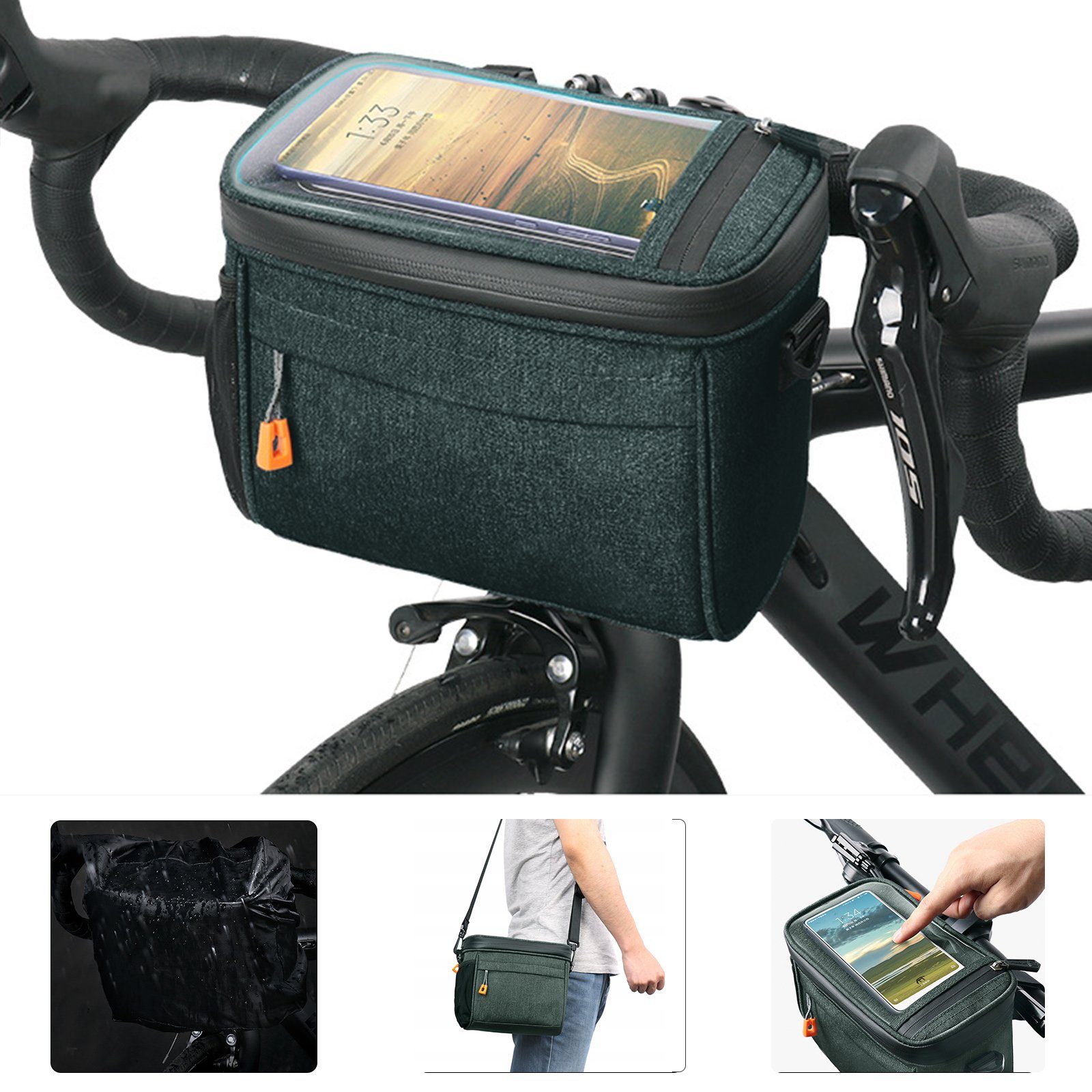 CALIYO Handy-Lenkertasche Handy-Lenkertasche,mit lenkeradapter, 4.2L  fahrradkorb vorne Tasche, mit transparenter Touchscreen und abnehmbarem  Schultergurt