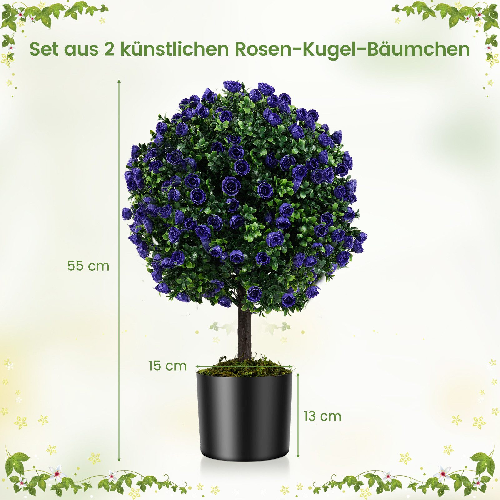 Kunstpflanze Buchsbaum, COSTWAY, Höhe 55 cm, mit Blättern, Lila Rosenblüten, Topf
