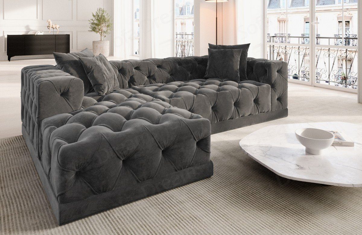 Designer Samtstoff Palma Form Sofa kurz Ecksofa dunkelgrau92 L Dreams Polster Loungesofa, Sofa Stoffsofa, Chesterfield Stil