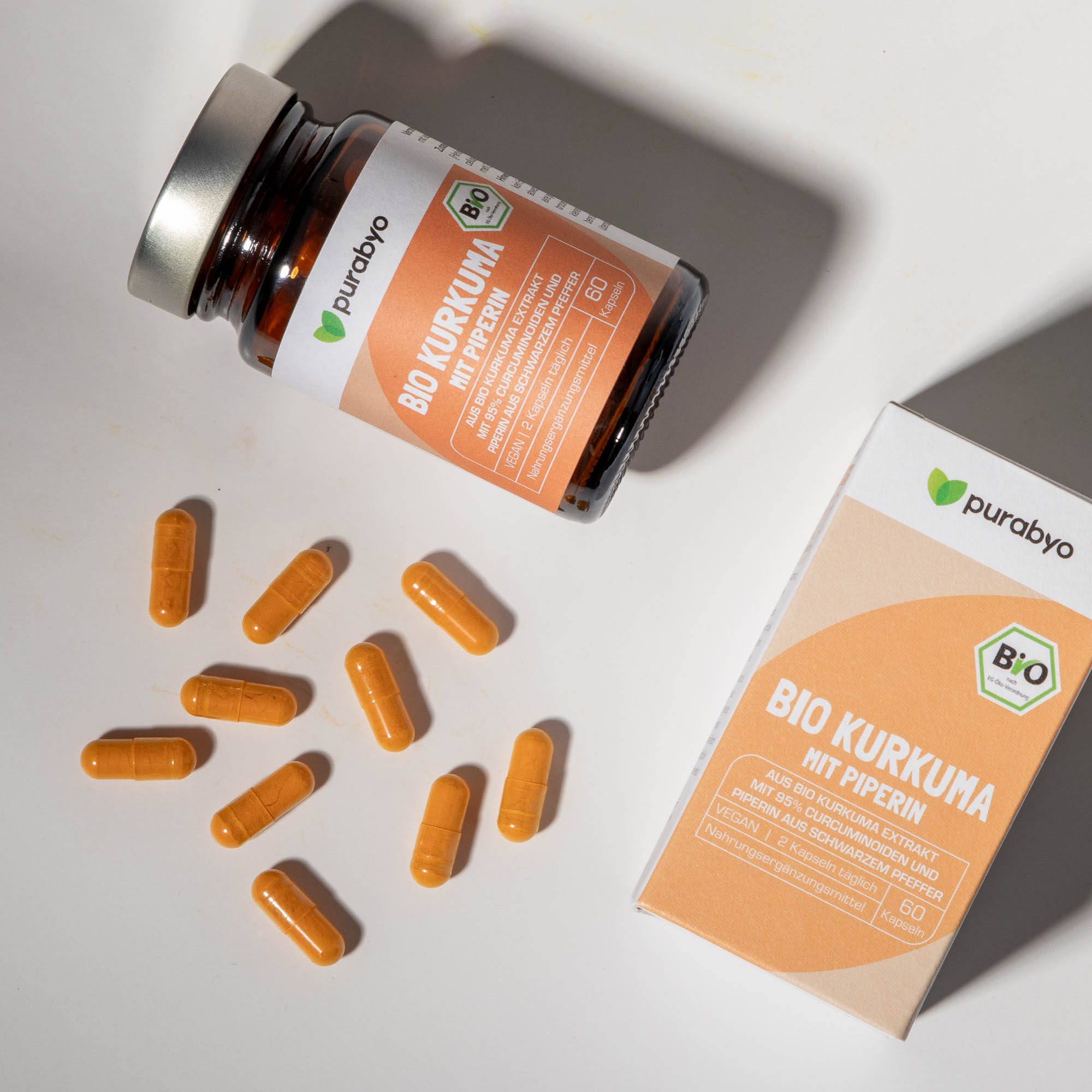 Purabyo BIO Kurkuma Extrakt Kapseln, hochdosiert, mit Bio Pfeffer, im Glas Kapseln, 60 er 60 St., 18.7 g