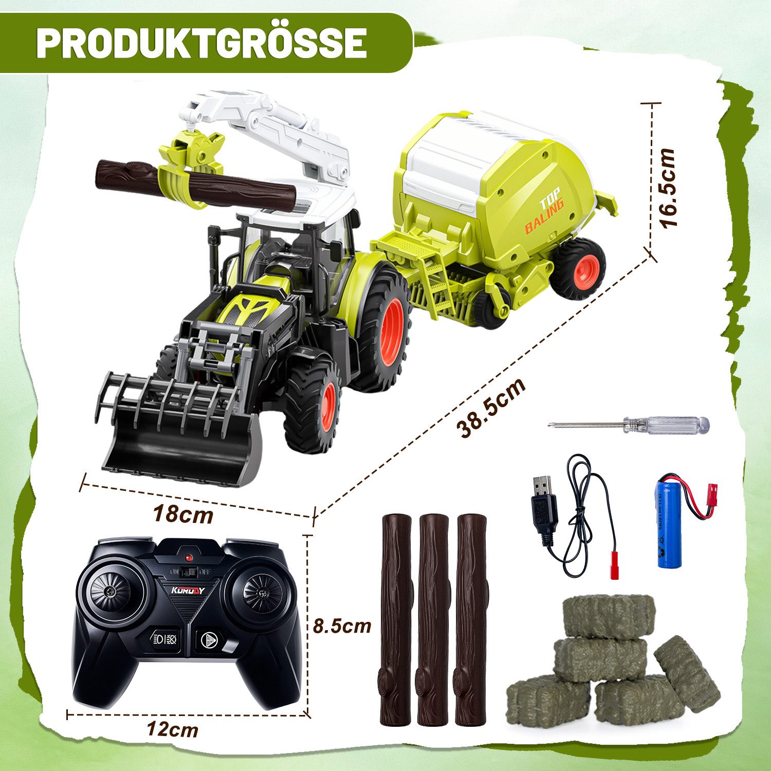 Esun RC-Traktor Ferngesteuerter Traktor mit Anhänger, Ballenwagen und Holzt günstig online kaufen