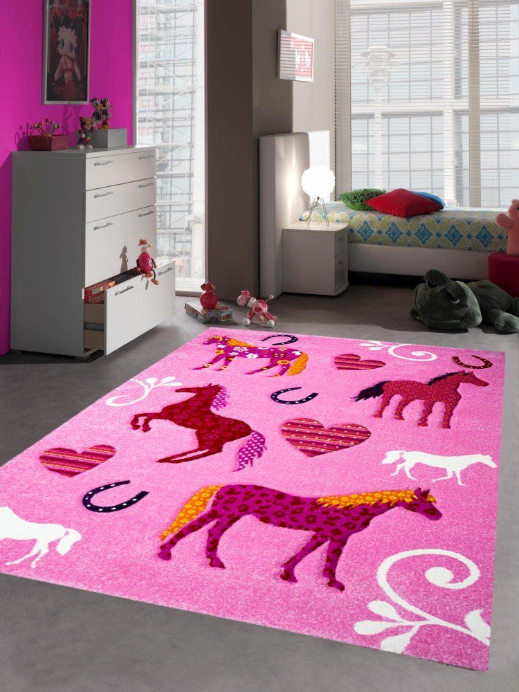 Kinderteppich Kinderteppich Spielteppich Kinderzimmer Mädchen Teppich  Pferde pink rosa, Carpetia, rechteckig, Höhe: 13 mm