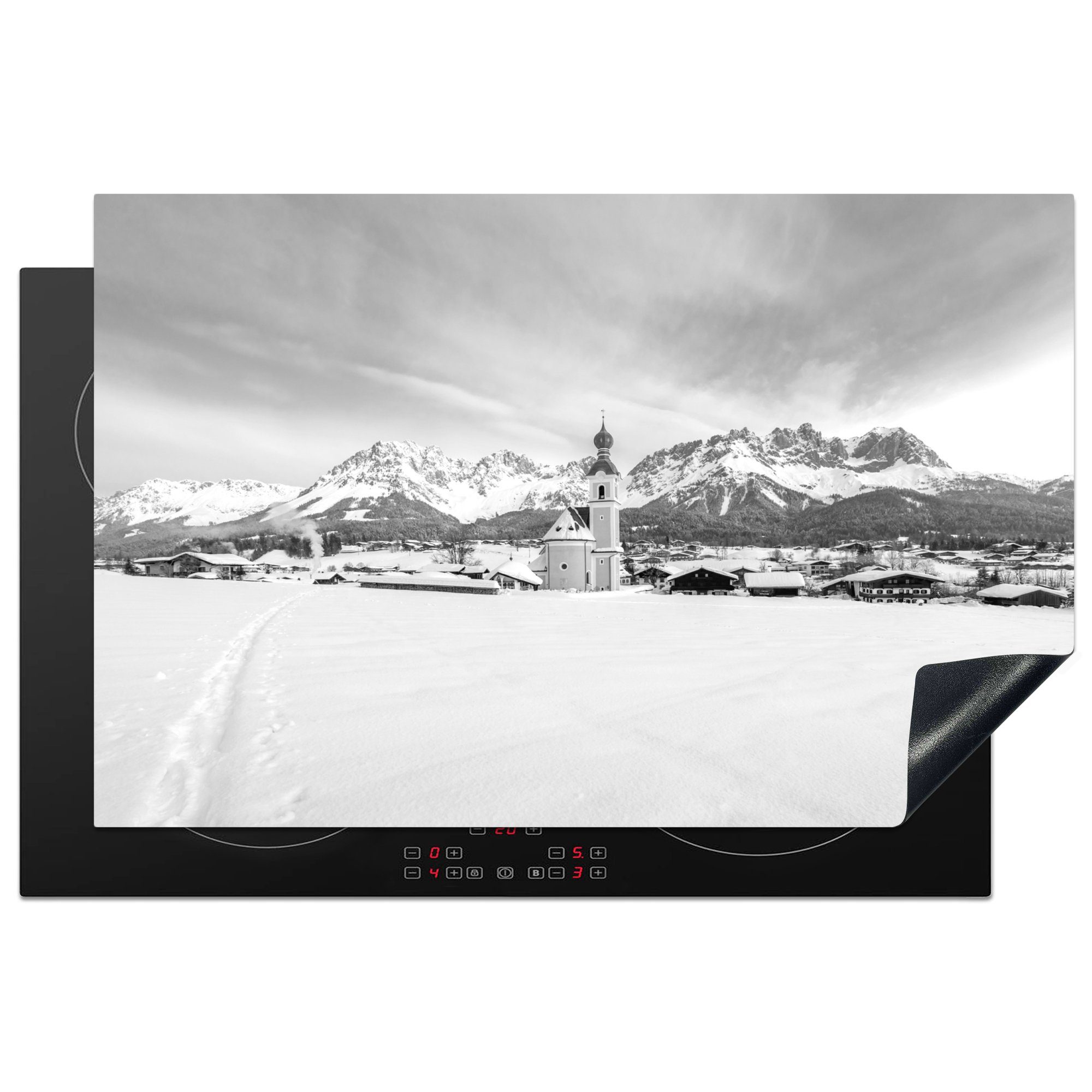 MuchoWow Herdblende-/Abdeckplatte Bauen in den Alpen - schwarz und weiß, Vinyl, (1 tlg), 80x52 cm, Ceranfeldabdeckung für die küche, Induktionsmatte