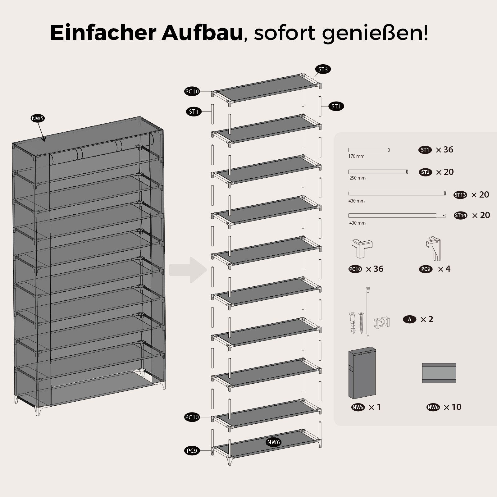 Sekey Stoffschrank Schuhschrank mit 9 Ebenen, Vliesstoff Schuhaufbewahrung Breite 85 cm, Schuhständer Platzsparend, 36 Paar Schuhe – Bild 4 von 5