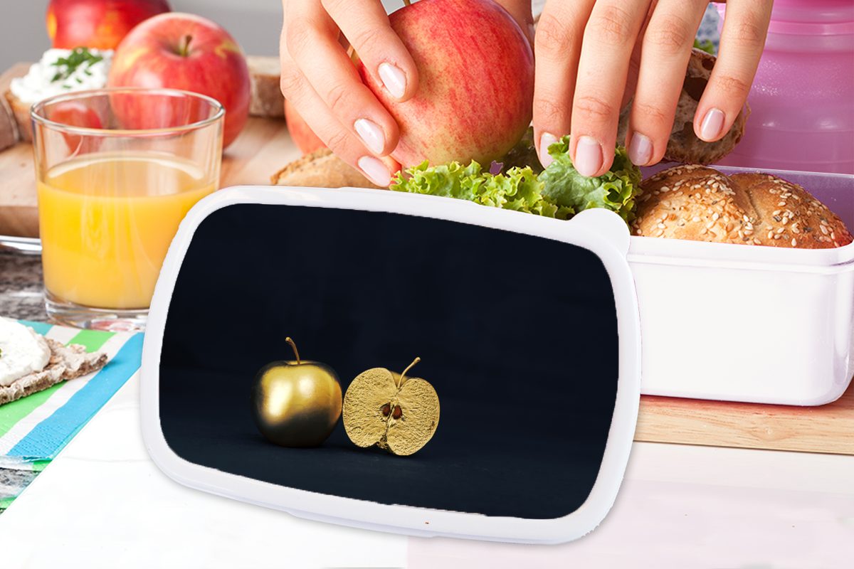 MuchoWow Lunchbox Stilleben mit einem Apfel schwarzem weiß Kinder auf Brotbox für Hintergrund, und Erwachsene, für (2-tlg), Kunststoff, goldenen Jungs Mädchen und Brotdose