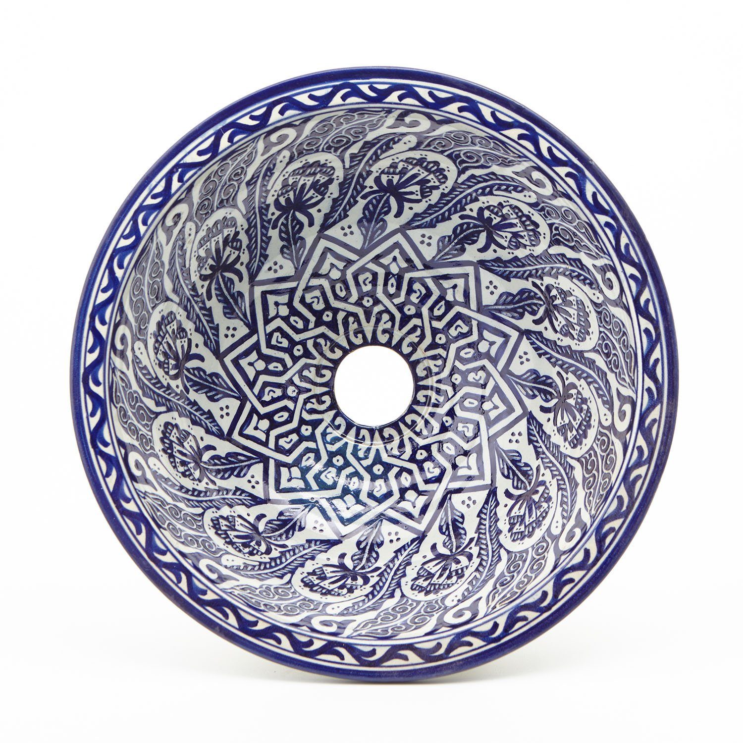 Casa Moro Waschbecken Orientalisches Keramik-Waschbecken Fes80 Ø 35 cm blau  weiß rund, Marokkanisches Handwaschbecken für Küche Badezimmer Gäste-Bad,  Einfach schöner Wohnen, WB35280, Handmade