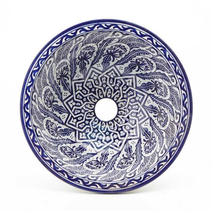 Casa Moro Waschbecken Orientalisches Keramik-Waschbecken Fes80 Ø 35 cm blau weiß rund Marokkanisches Handwaschbecken für Küche Badezimmer Gäste-Bad Einfach schöner Wohnen WB35280 Handmade