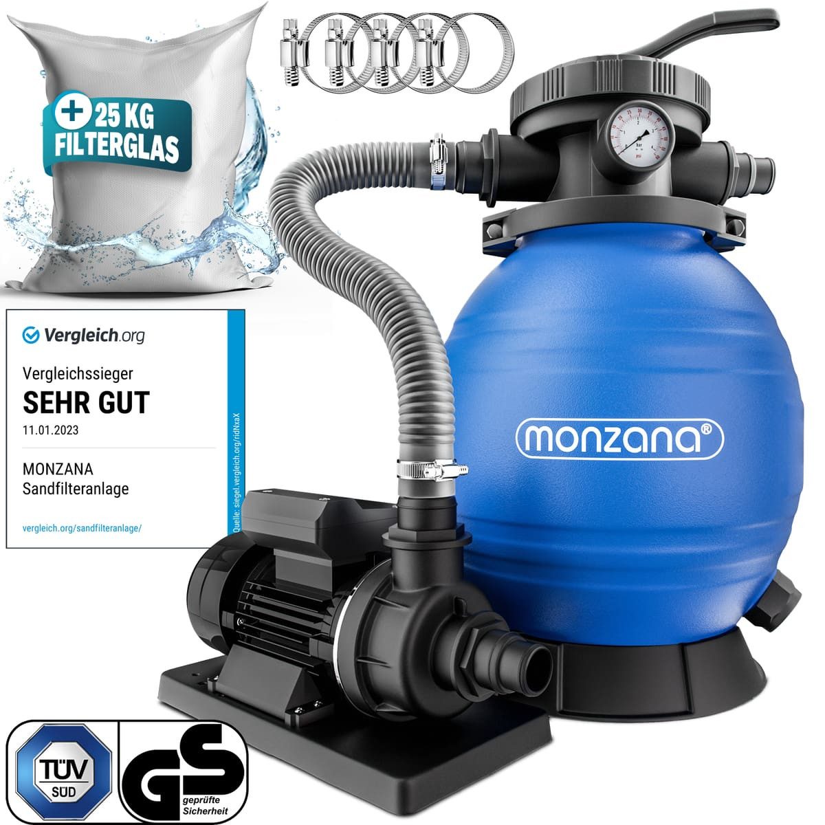 monzana Sandfilteranlage, Sandfilteranlage Pool Selbstansaugend 10.200L/h 450 Watt 2in1 Adapter