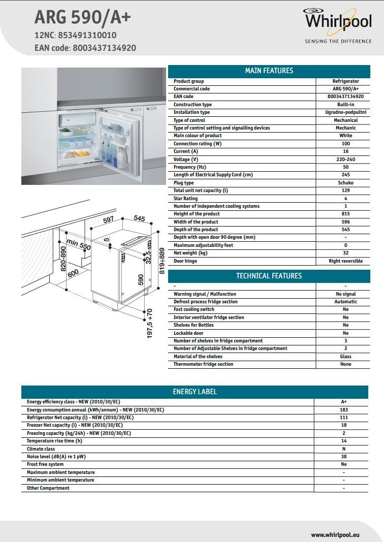 Whirlpool Einbaukühlschrank ARG590